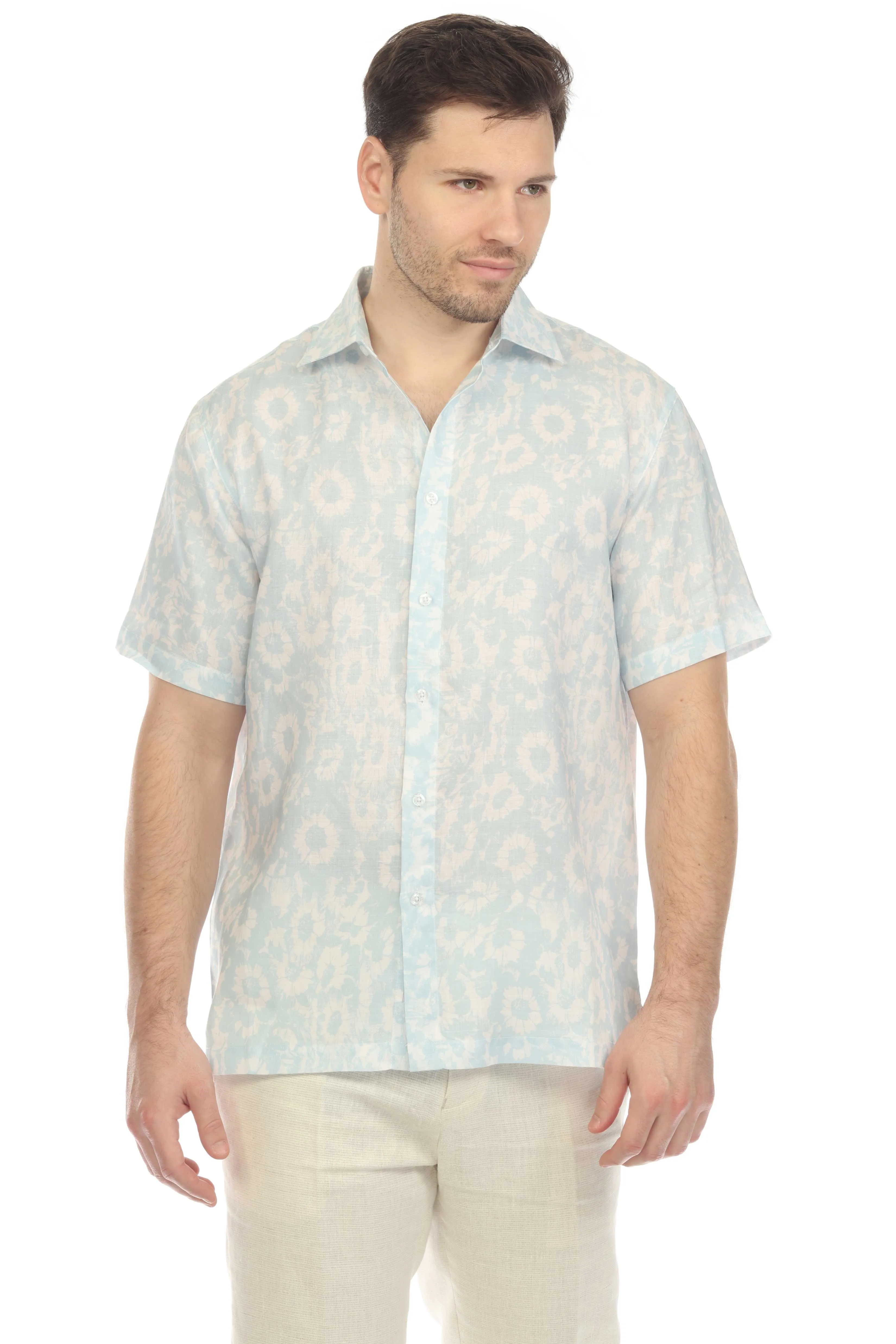 100% Linen Short Sleeve Abstract Bloom Print Shirt