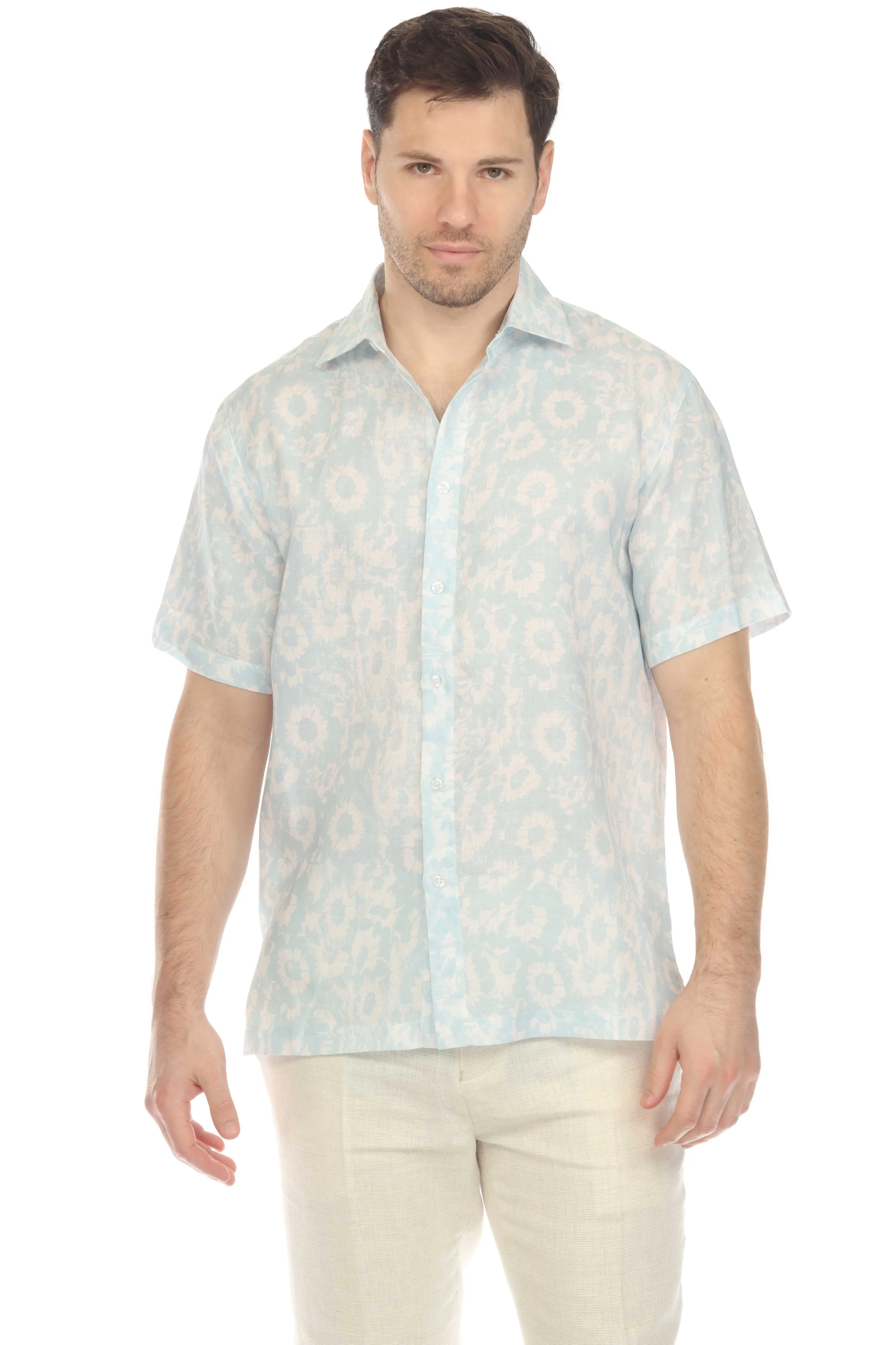 100% Linen Short Sleeve Abstract Bloom Print Shirt