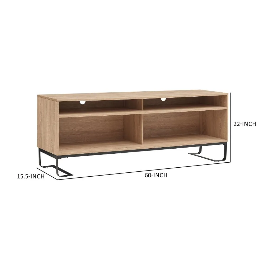 60 Inch Modern TV Media Entertainment Console, 4 Compartments, Metal Frame Base, Light Oak Brown By The Urban Port