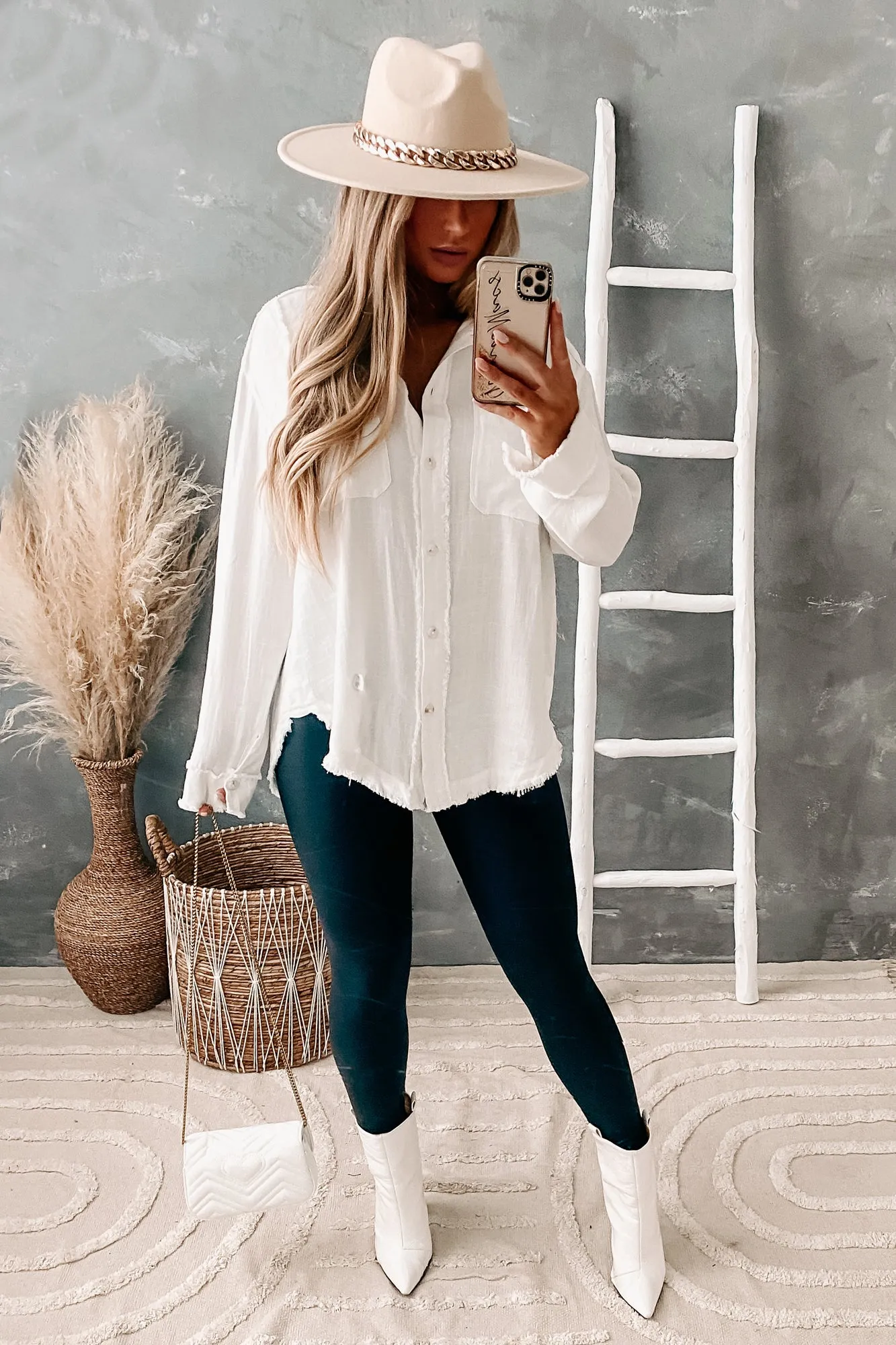 Add An Edge Raw Hem Button Down Tunic Top (Ivory)