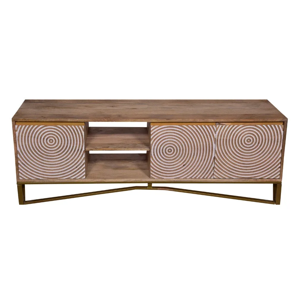 Ally 57 Inch TV Media Entertainment Cabinet Console, Mango Wood With Metal Base, Natural Brown, Gold By The Urban Port