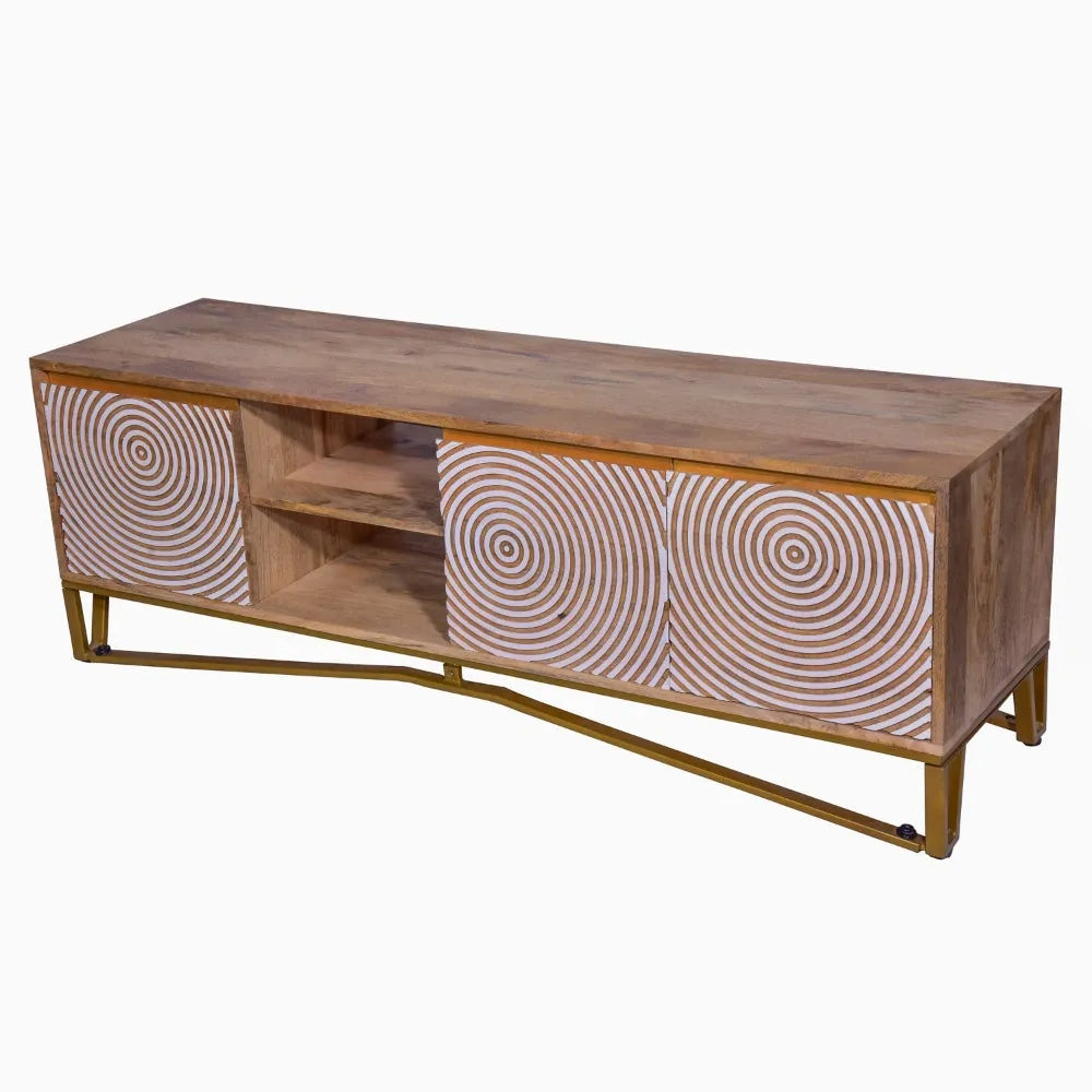 Ally 57 Inch TV Media Entertainment Cabinet Console, Mango Wood With Metal Base, Natural Brown, Gold By The Urban Port