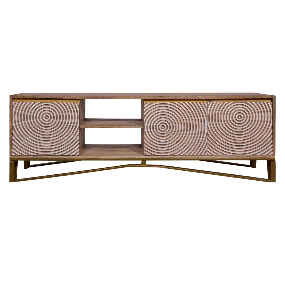 Ally 57 Inch TV Media Entertainment Cabinet Console, Mango Wood With Metal Base, Natural Brown, Gold By The Urban Port