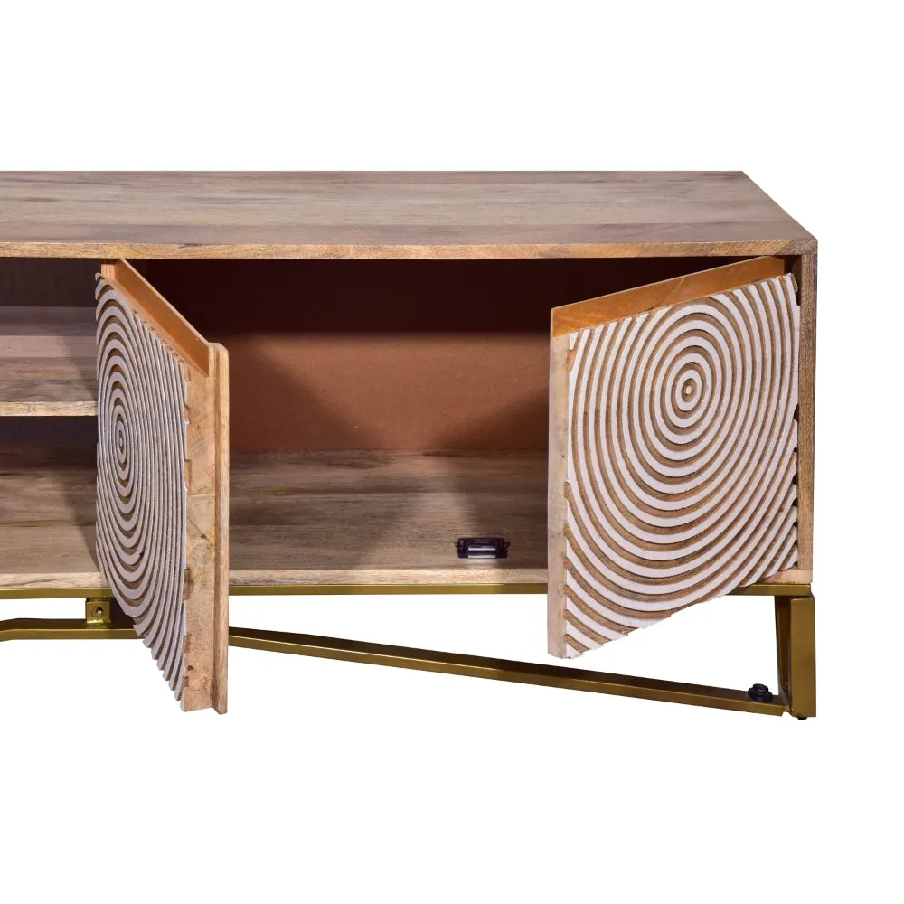 Ally 57 Inch TV Media Entertainment Cabinet Console, Mango Wood With Metal Base, Natural Brown, Gold By The Urban Port