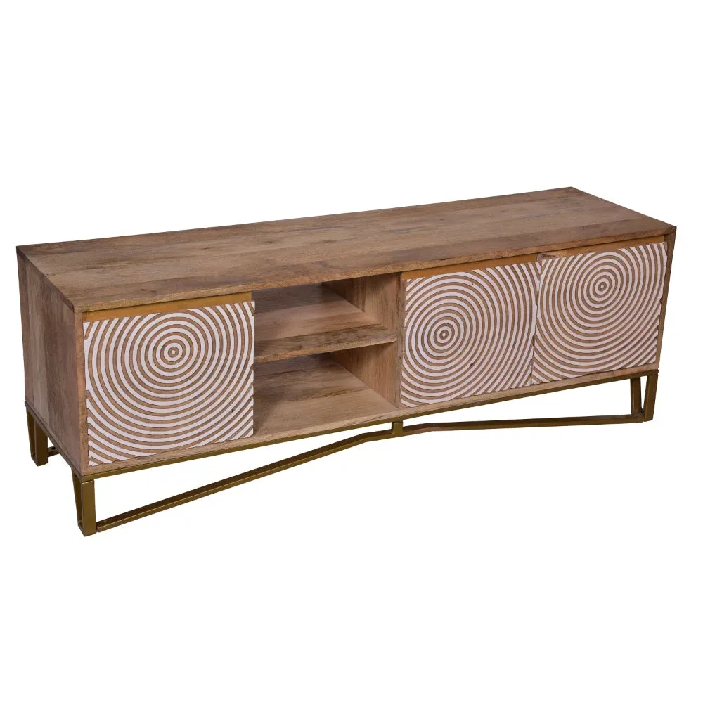 Ally 57 Inch TV Media Entertainment Cabinet Console, Mango Wood With Metal Base, Natural Brown, Gold By The Urban Port