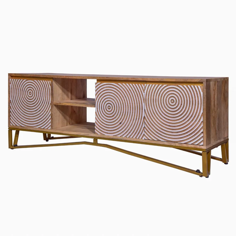 Ally 57 Inch TV Media Entertainment Cabinet Console, Mango Wood With Metal Base, Natural Brown, Gold By The Urban Port