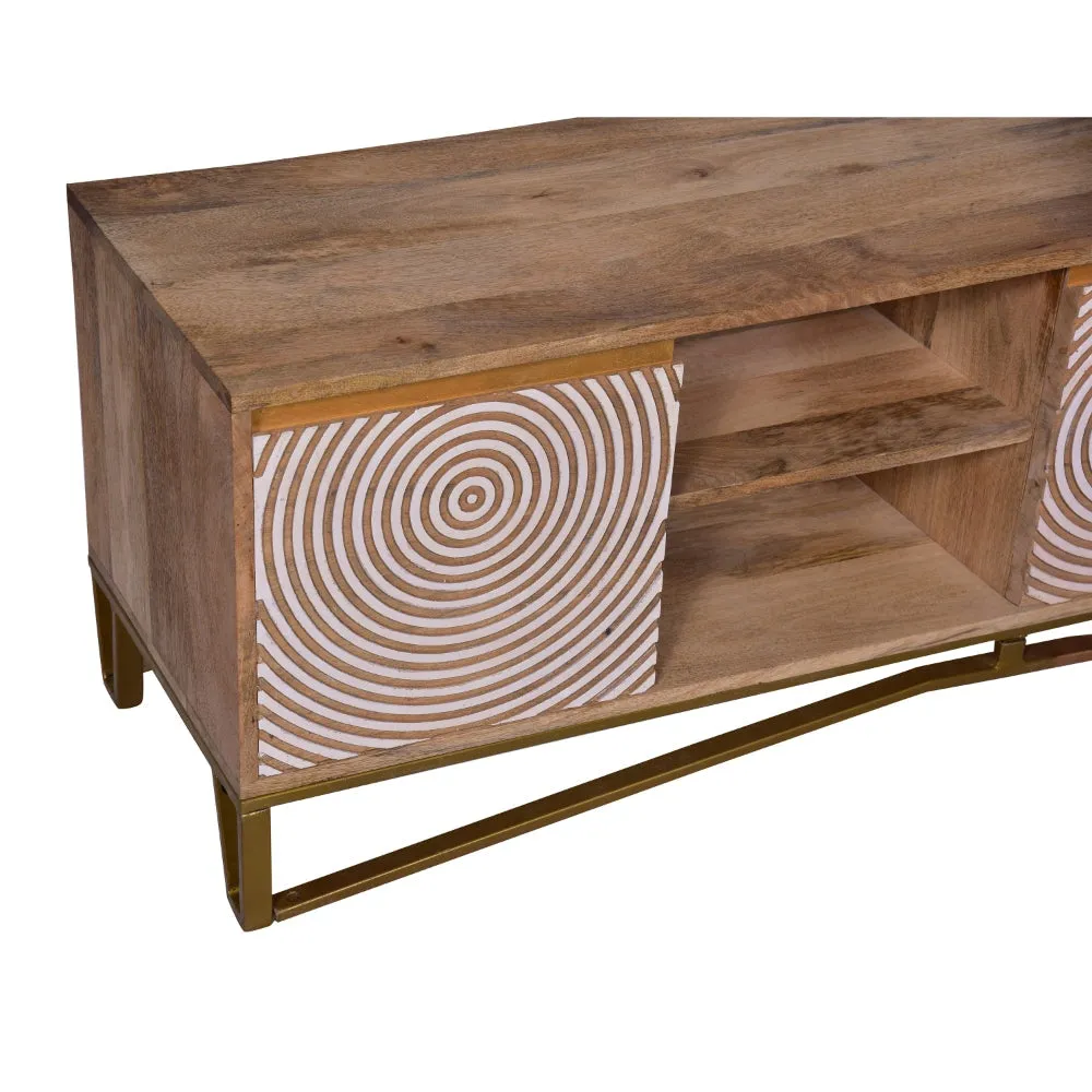 Ally 57 Inch TV Media Entertainment Cabinet Console, Mango Wood With Metal Base, Natural Brown, Gold By The Urban Port