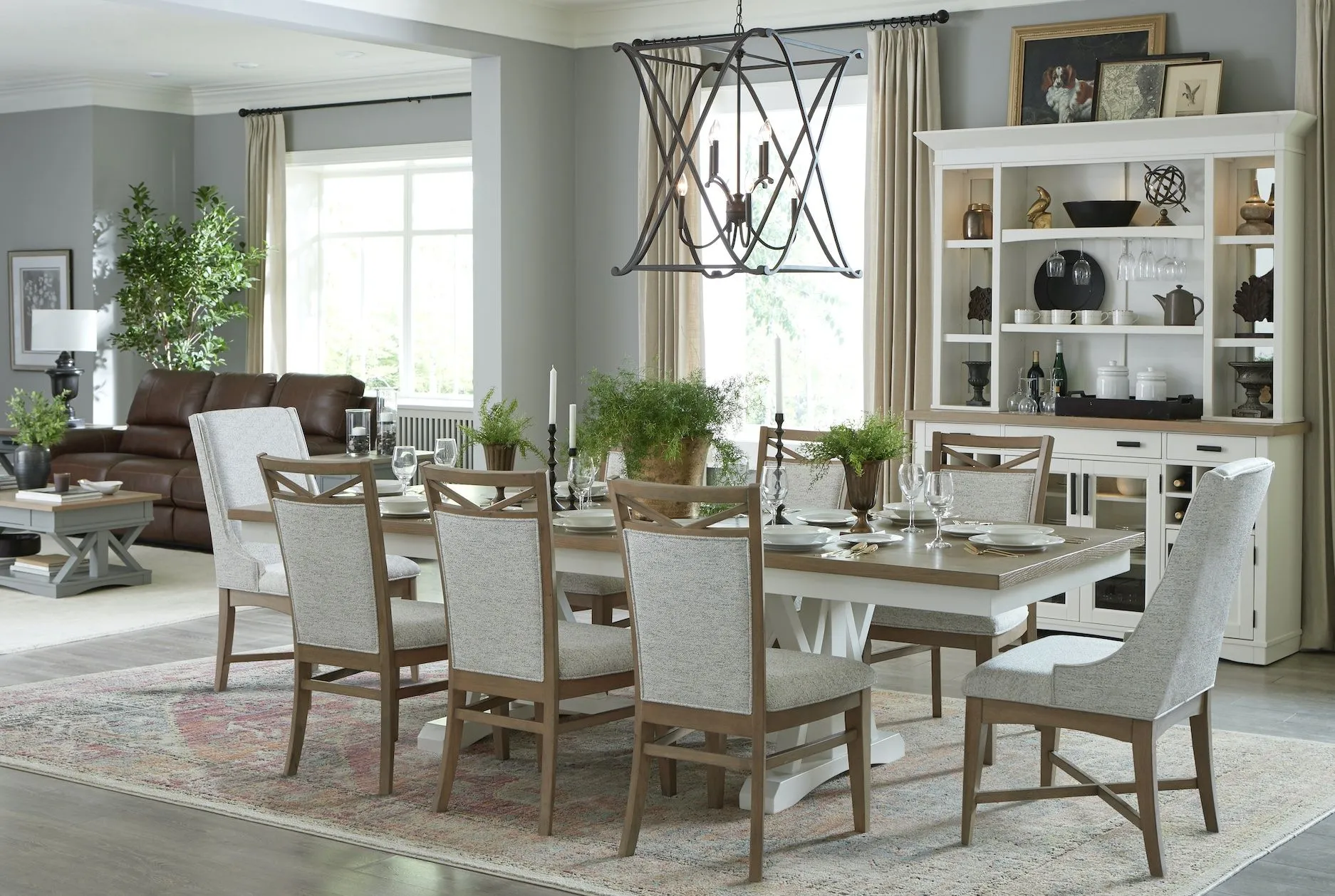 Americana Modern Dining - Extendable Trestle Table With 8 Upholstered Chairs - Light Brown