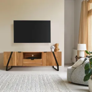 Aza 59 Inch Handcrafted TV Console with Drawer Natural Brown Acacia Wood Cabinet - The Urban Port