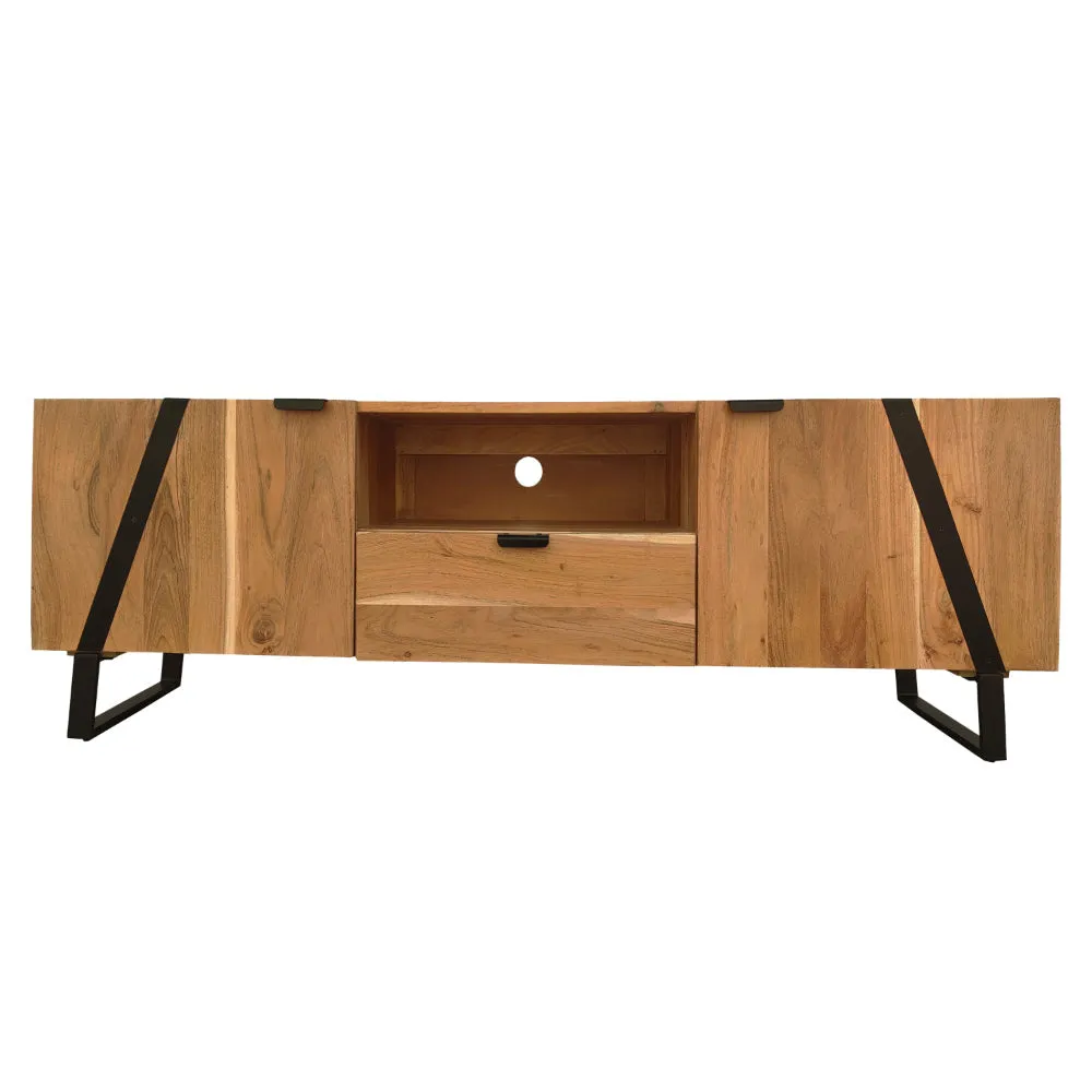 Aza 59 Inch Handcrafted TV Console with Drawer Natural Brown Acacia Wood Cabinet - The Urban Port