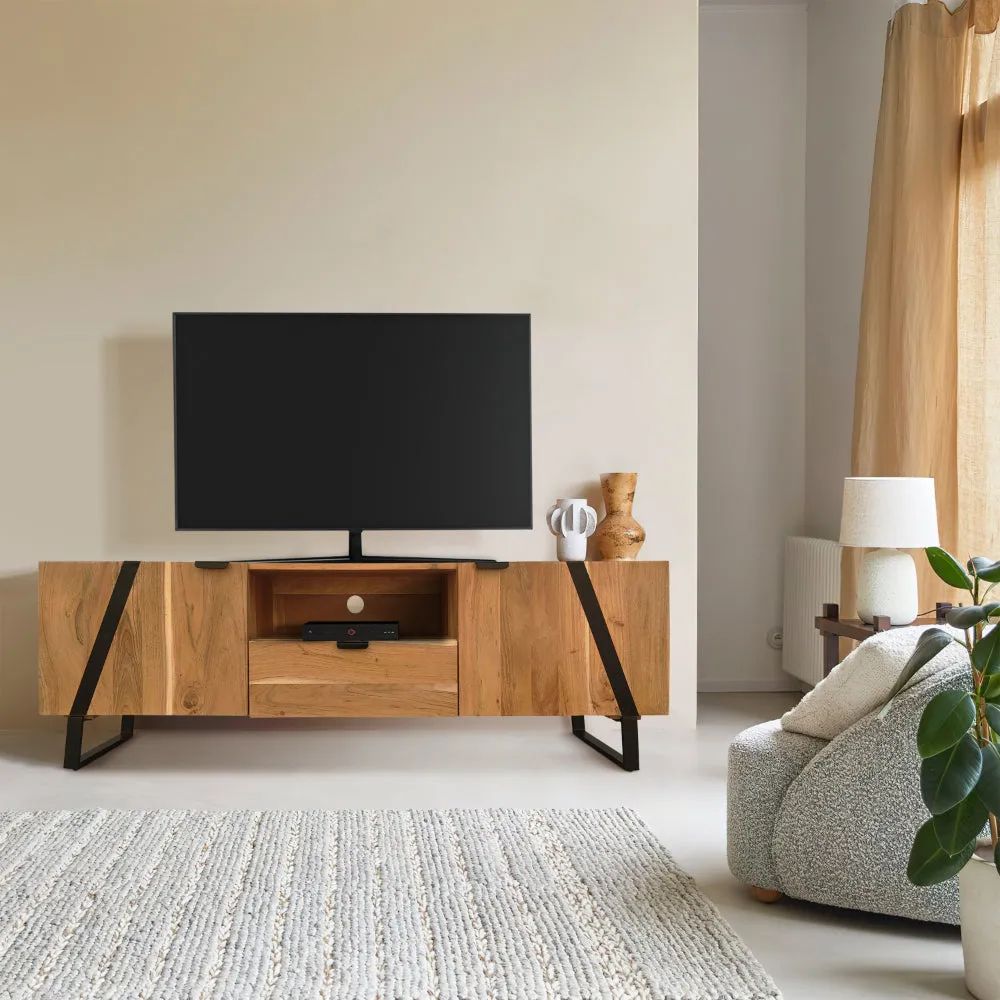 Aza 59 Inch Handcrafted TV Console with Drawer Natural Brown Acacia Wood Cabinet - The Urban Port