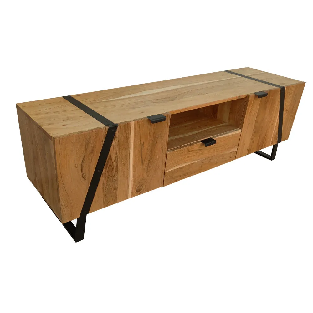 Aza 59 Inch Handcrafted TV Console with Drawer Natural Brown Acacia Wood Cabinet - The Urban Port