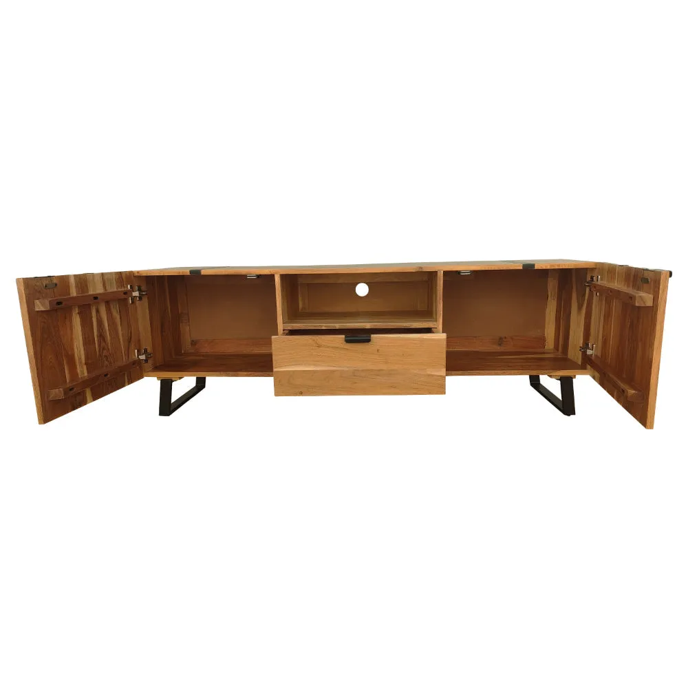 Aza 59 Inch Handcrafted TV Console with Drawer Natural Brown Acacia Wood Cabinet - The Urban Port