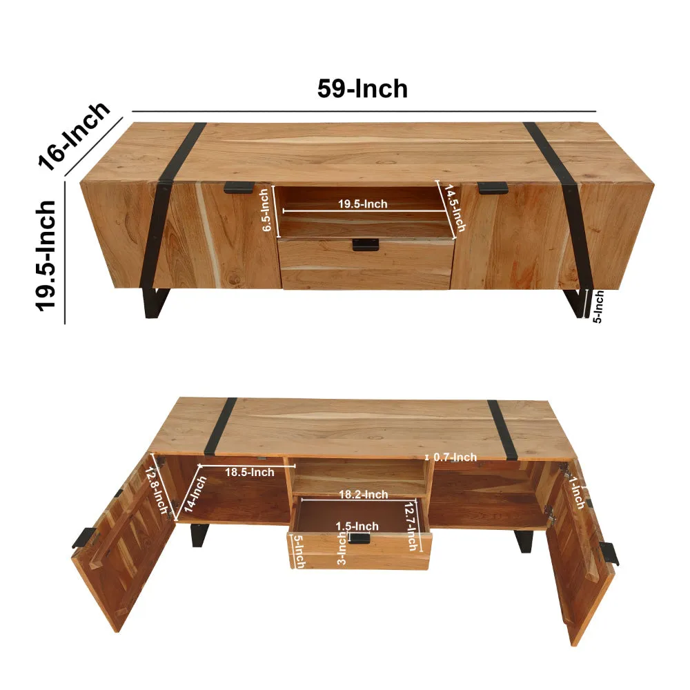 Aza 59 Inch Handcrafted TV Console with Drawer Natural Brown Acacia Wood Cabinet - The Urban Port