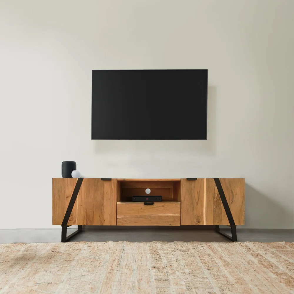 Aza 59 Inch Handcrafted TV Console with Drawer Natural Brown Acacia Wood Cabinet - The Urban Port