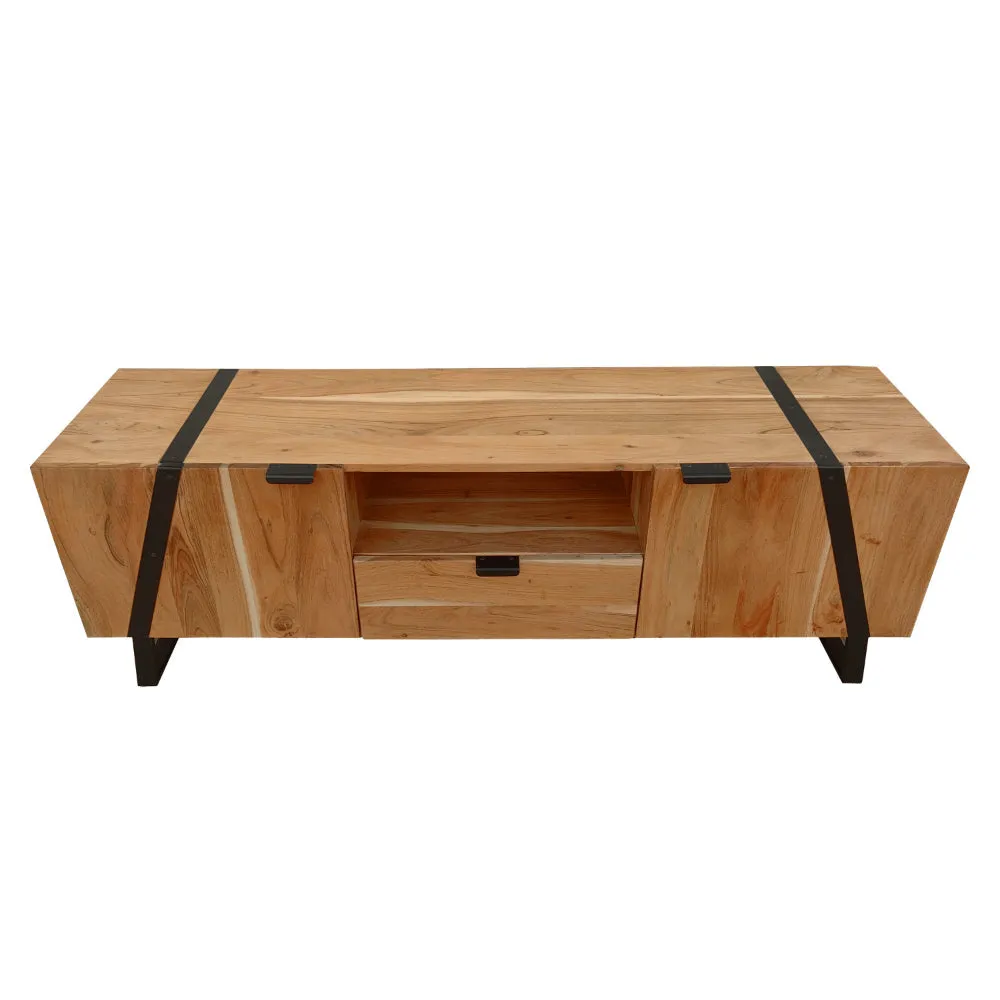 Aza 59 Inch Handcrafted TV Console with Drawer Natural Brown Acacia Wood Cabinet - The Urban Port