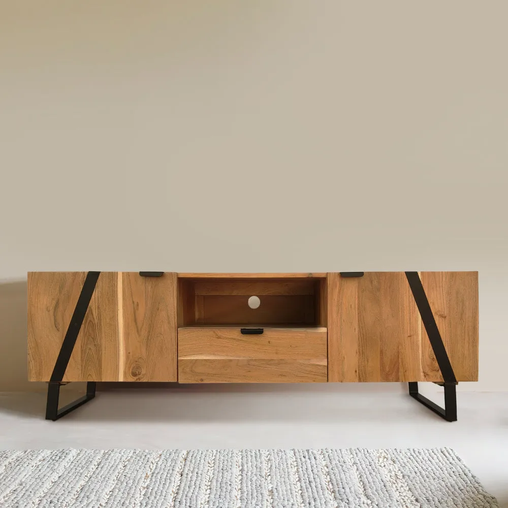 Aza 59 Inch Handcrafted TV Console with Drawer Natural Brown Acacia Wood Cabinet - The Urban Port