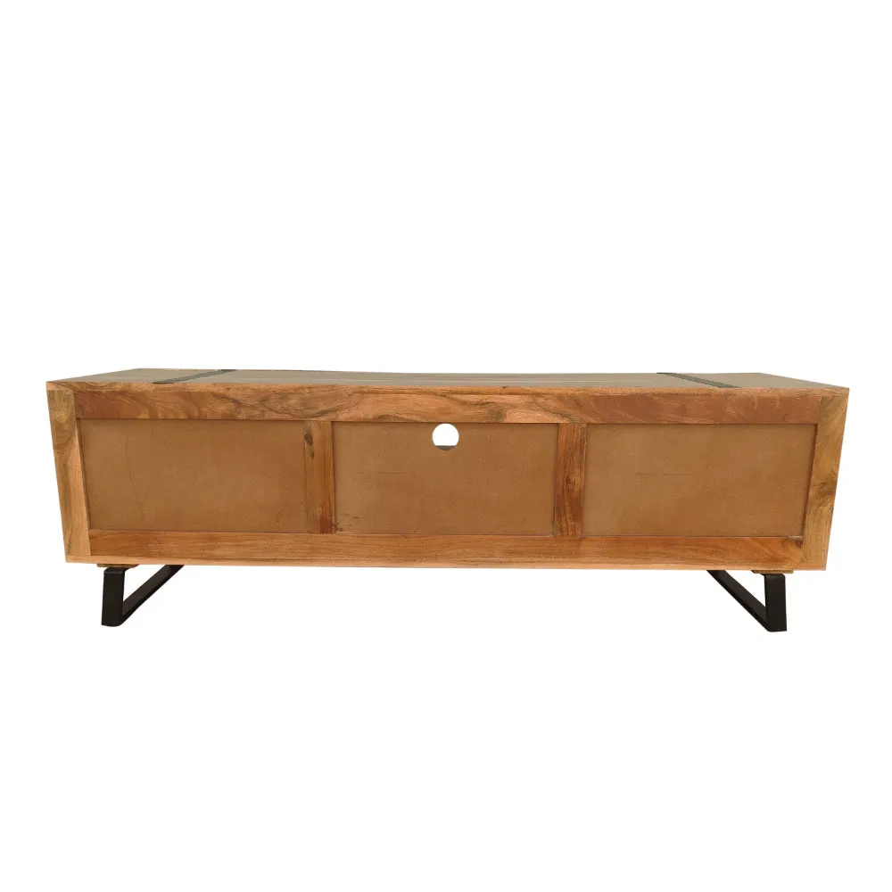 Aza 59 Inch Handcrafted TV Console with Drawer Natural Brown Acacia Wood Cabinet - The Urban Port