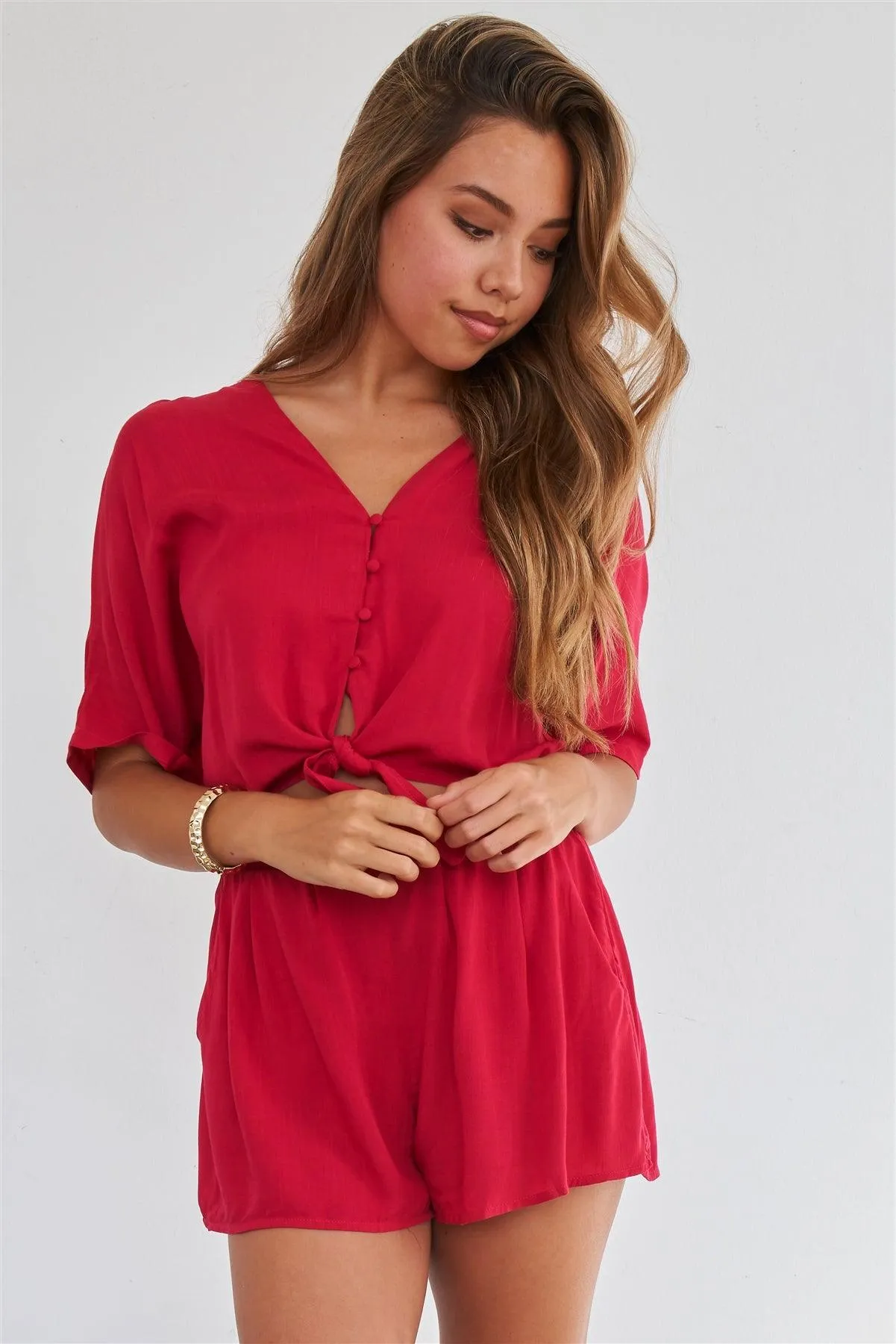 Berry Red Relaxed Fit Front Tie Short Sleeve Romper