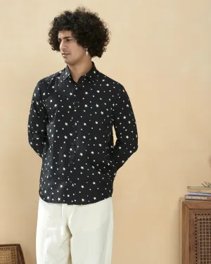 Black Full Sleeve Crepe Casual Printed Men's Shirt