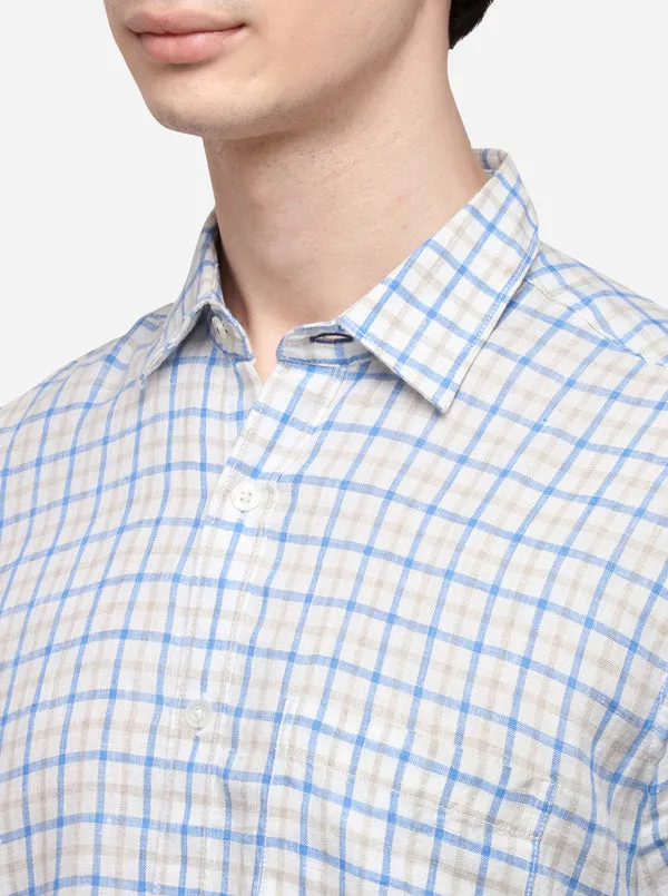 Blue & Cream Tailored Fit Checked Casual Shirt | JadeBlue