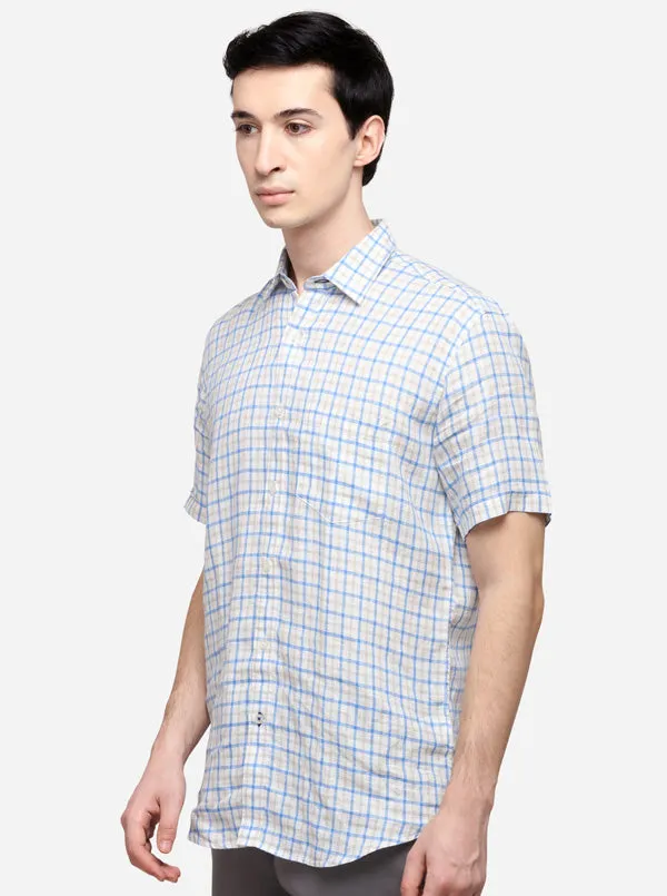 Blue & Cream Tailored Fit Checked Casual Shirt | JadeBlue