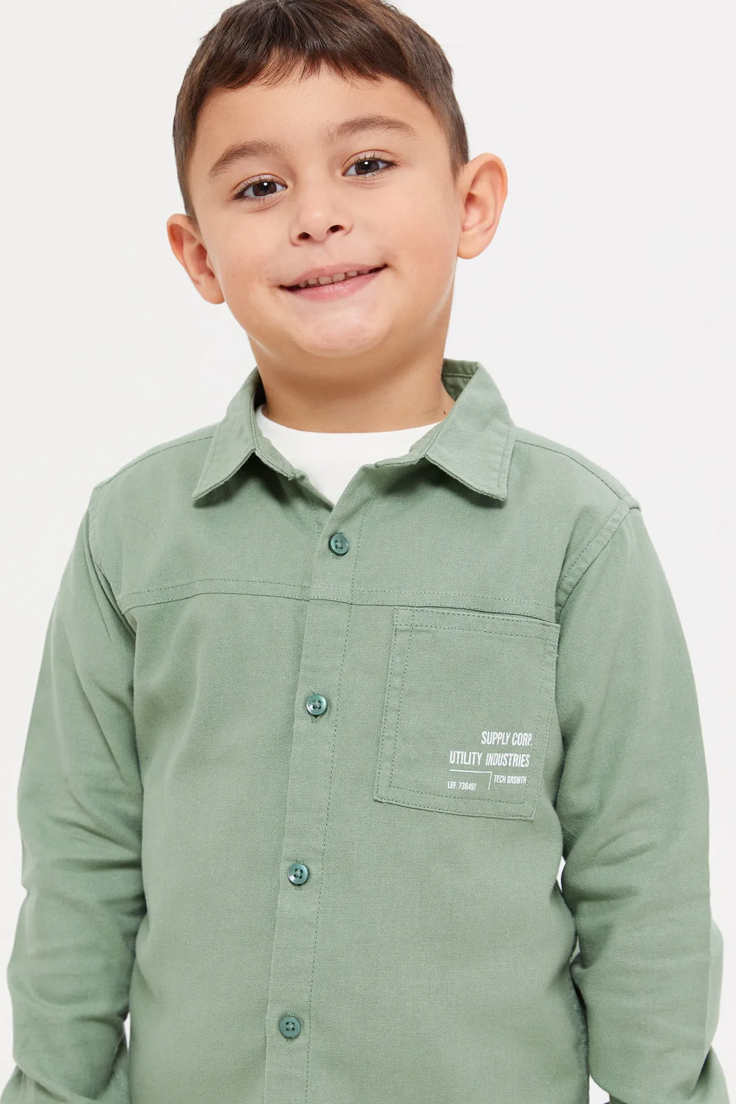 Boys Olive And White Shirt With T-Shirt Set (2 Piece)