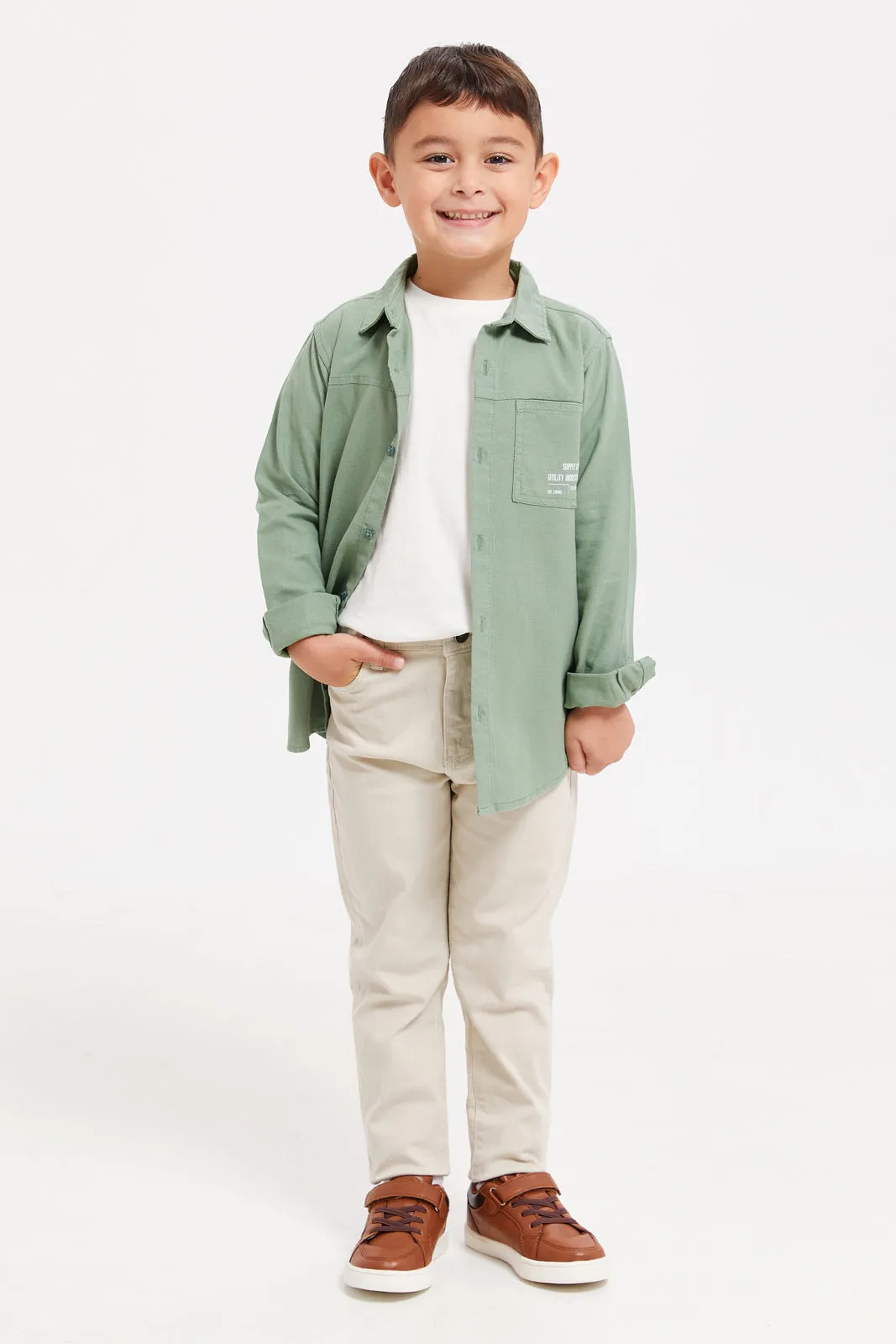 Boys Olive And White Shirt With T-Shirt Set (2 Piece)