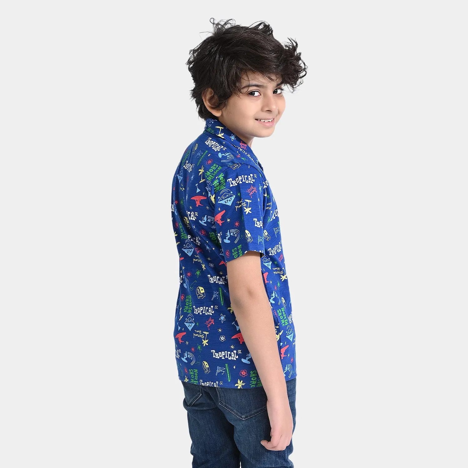 Boys Slub Jersey Casual Shirt H/S Resort Style-Blue