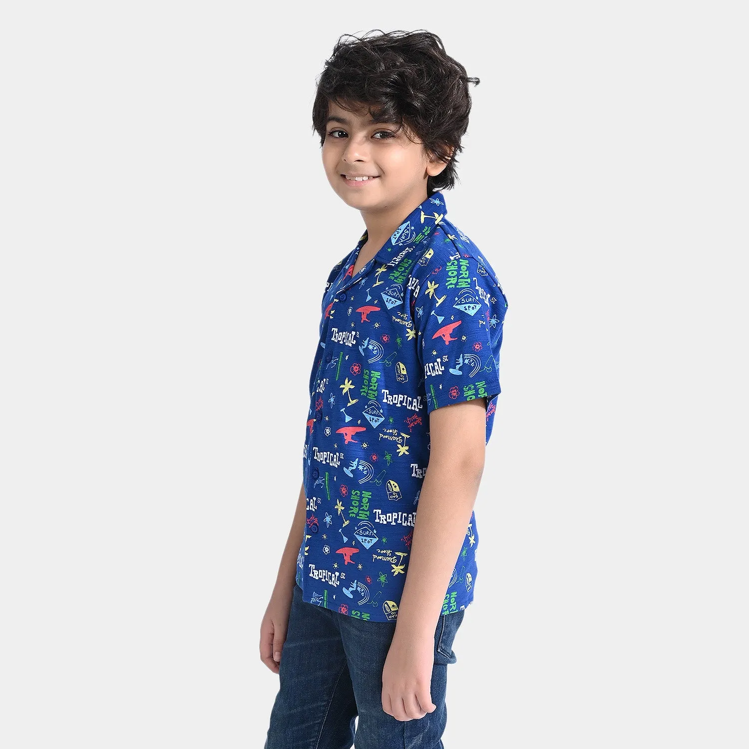 Boys Slub Jersey Casual Shirt H/S Resort Style-Blue