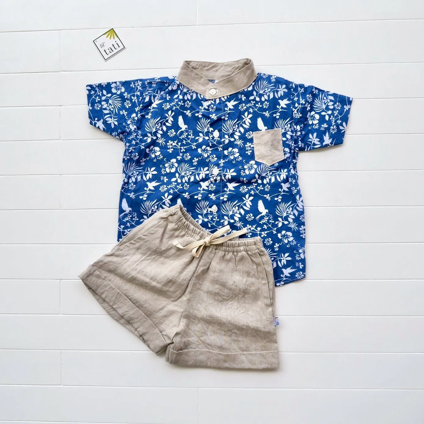 Cedar Top & Shorts in Blue Bird Garden and Brown Linen