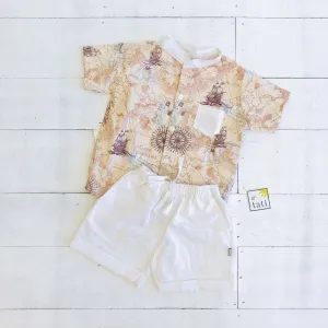 Cedar Top & Shorts in Bon Voyage Brown Print and White Linen