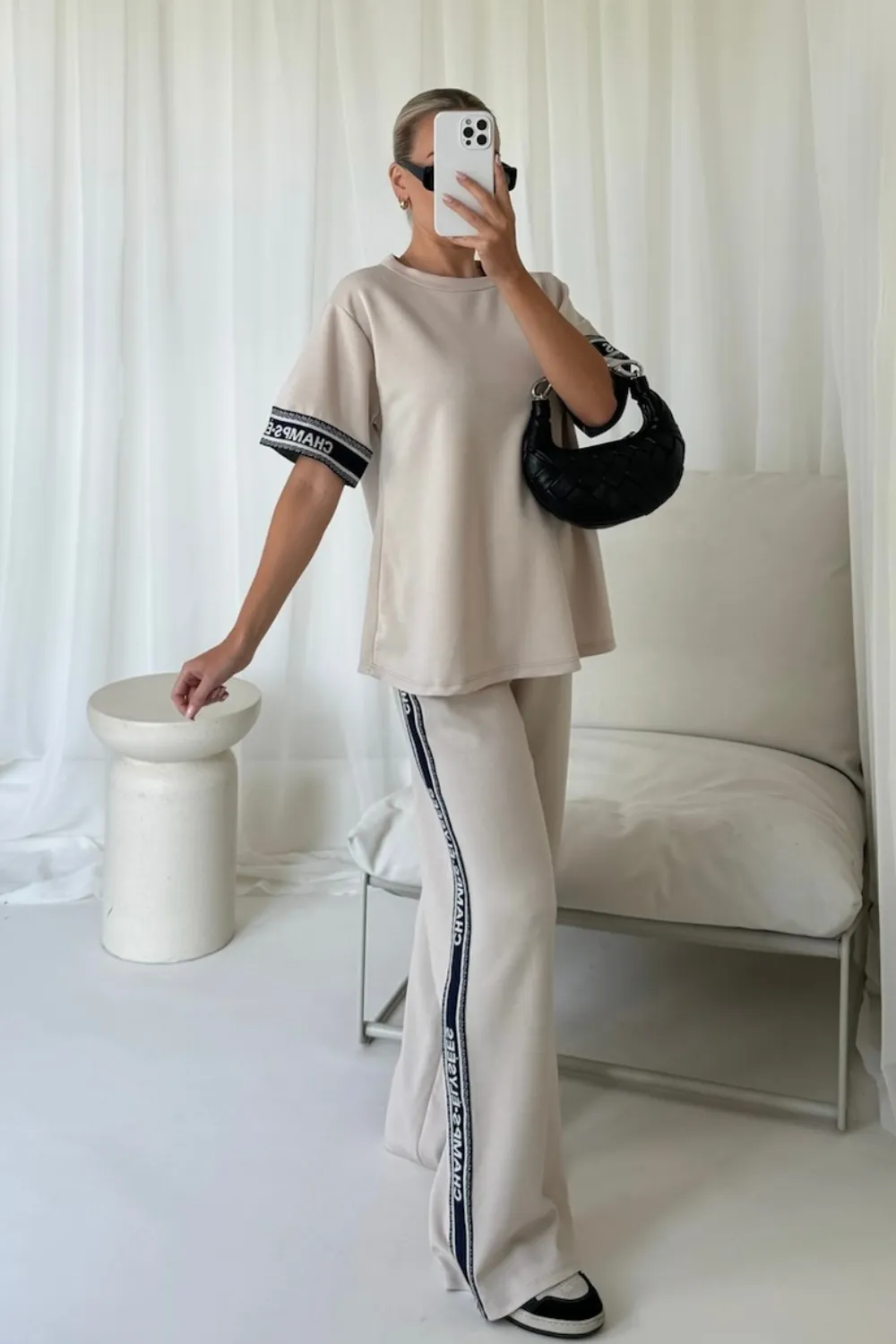 Champs elysees beige trim t-shirt straight leg jogger loungewear