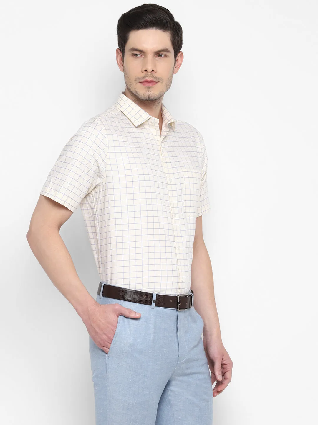 Checked Cream Regular Fit Formal Shirt