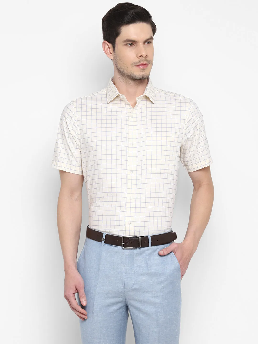 Checked Cream Regular Fit Formal Shirt