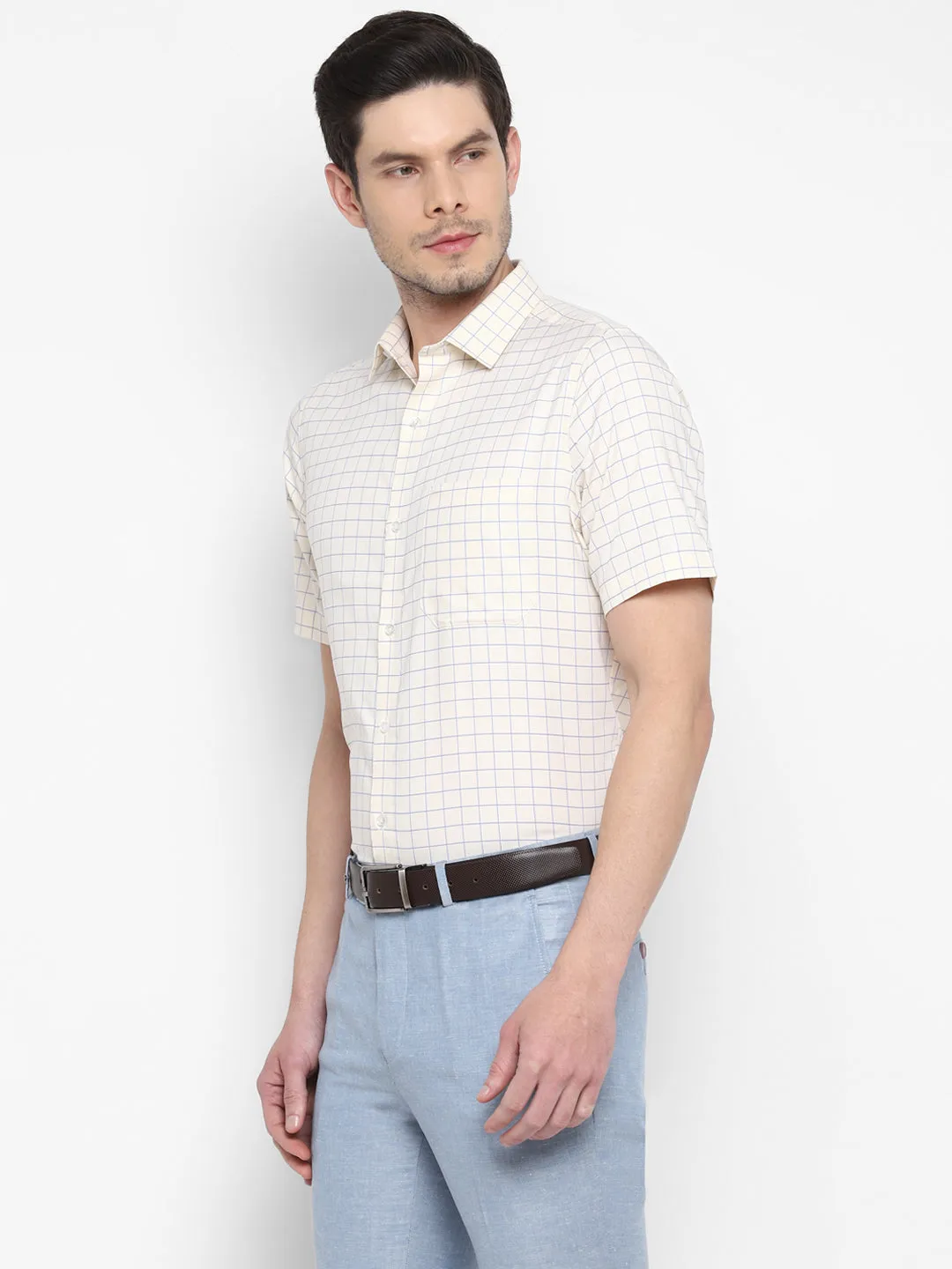 Checked Cream Regular Fit Formal Shirt