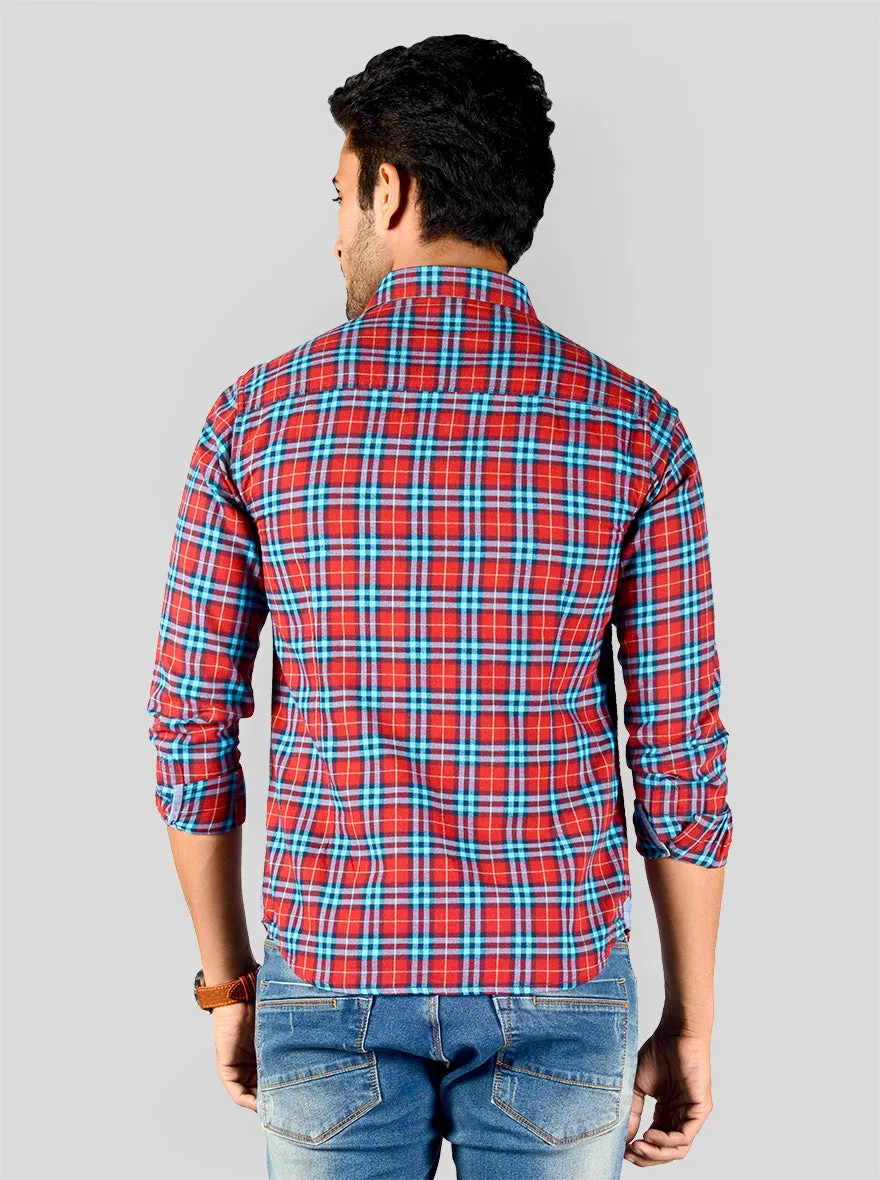 Chinese Red & Blue Checked Slim Fit Casual Shirt | Greenfibre