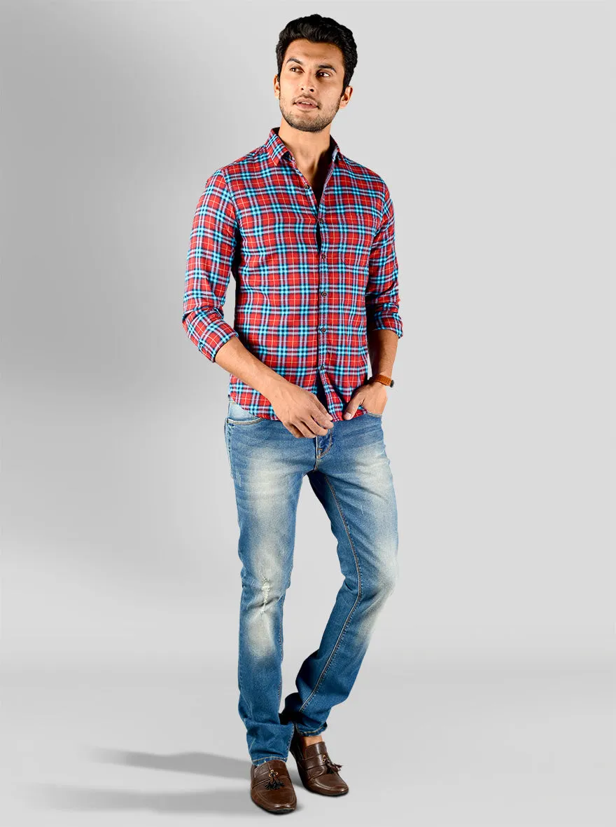 Chinese Red & Blue Checked Slim Fit Casual Shirt | Greenfibre