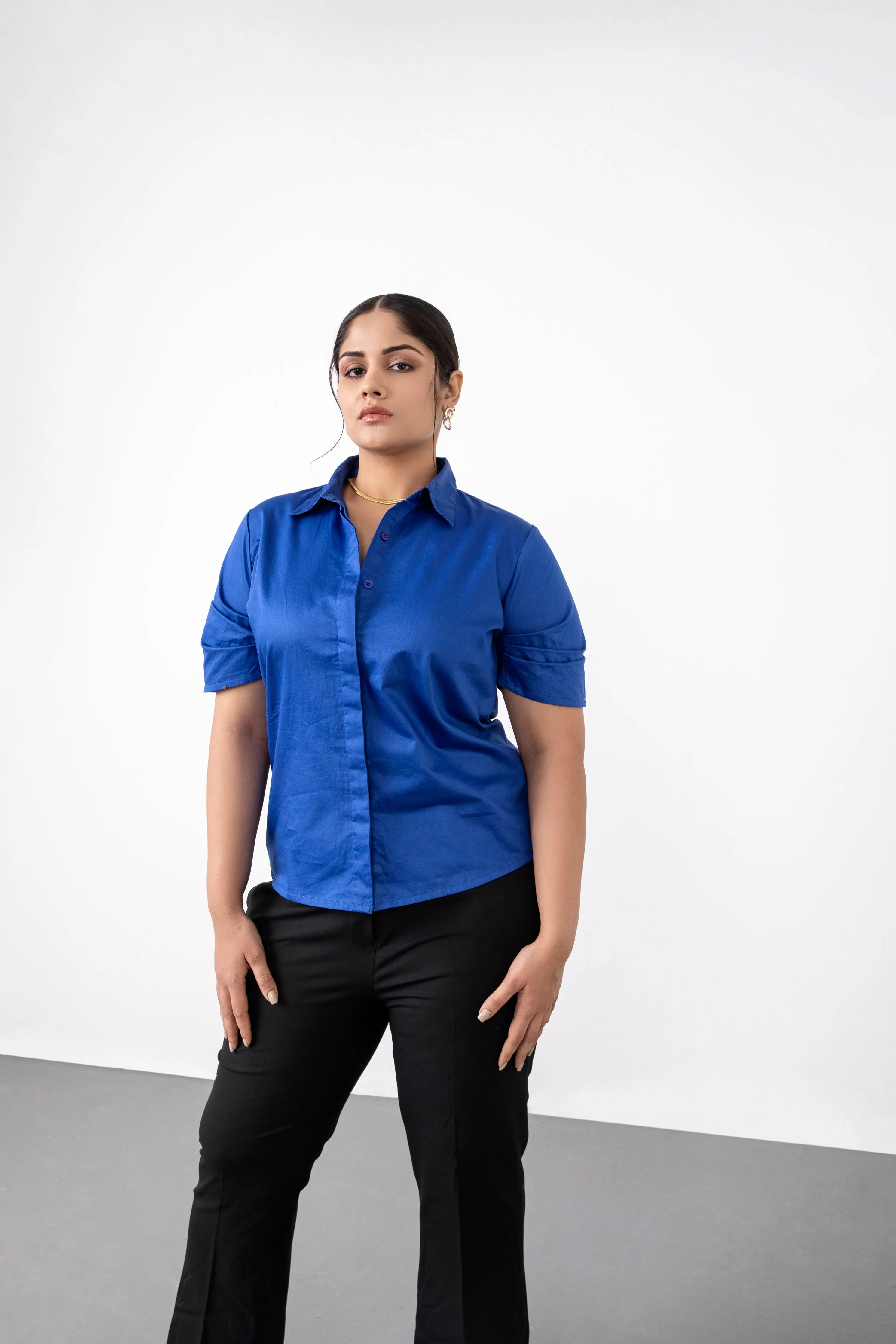 Cobalt Blue Ruched Sleeved Shirt