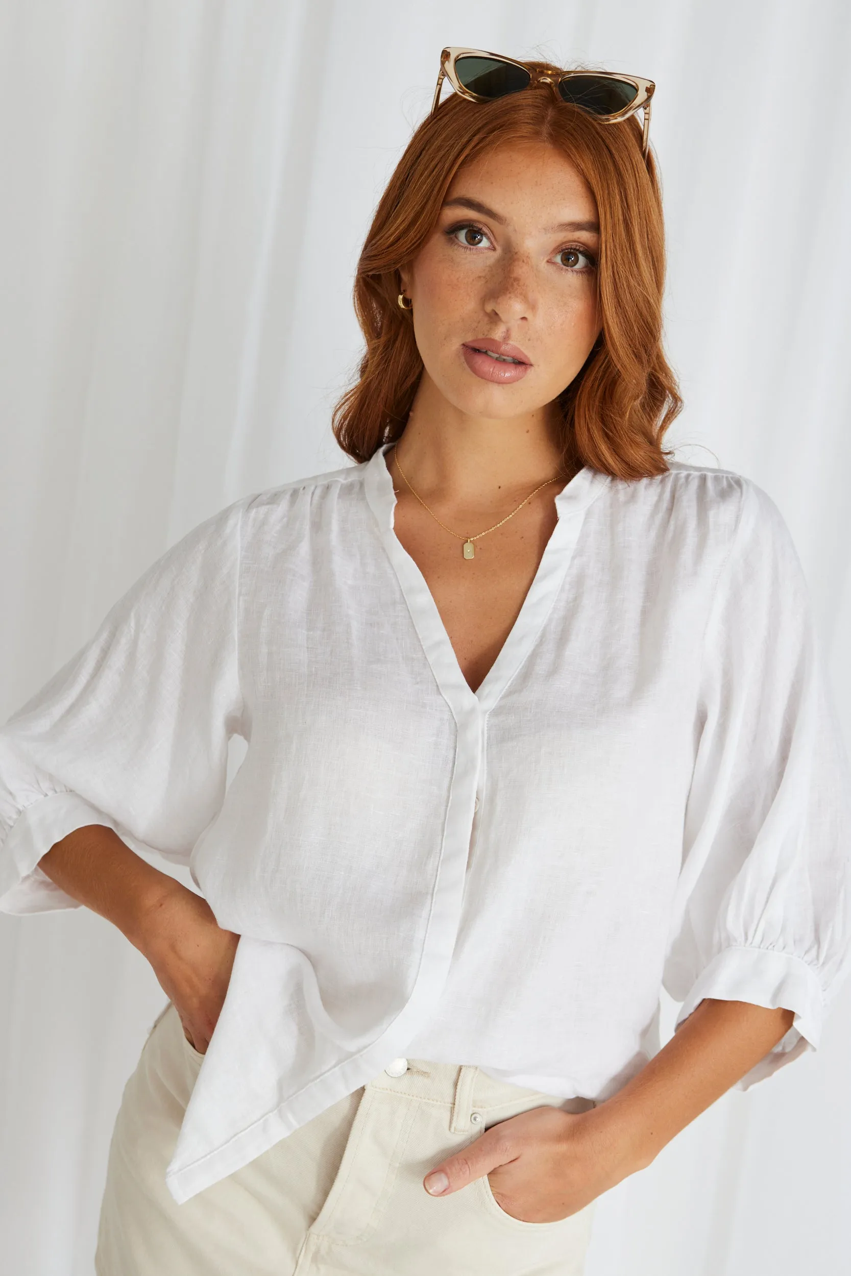 Deity White Linen Puff Sleeve Blouse