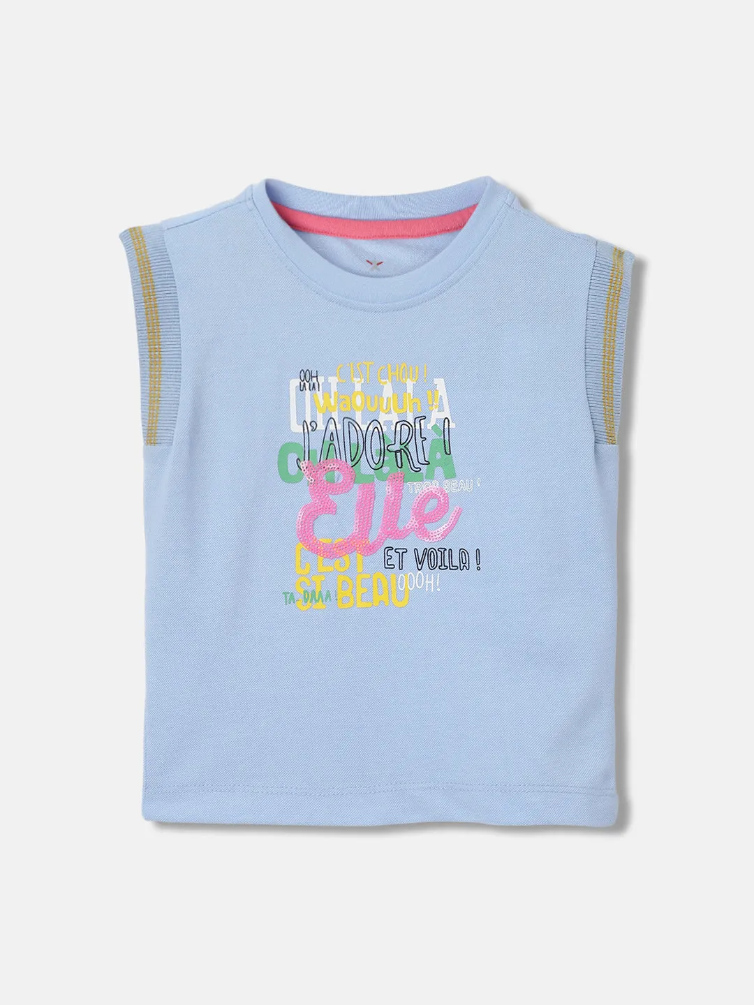 Elle Kids Girls Blue Printed Round Neck Sleeveless T-Shirt