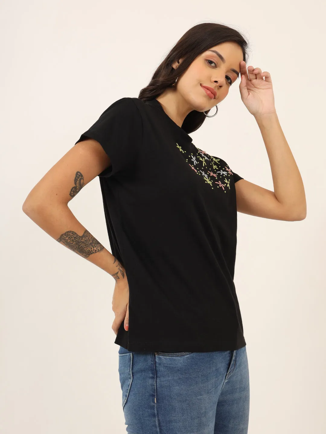 Floral Embroidery Black T-Shirt