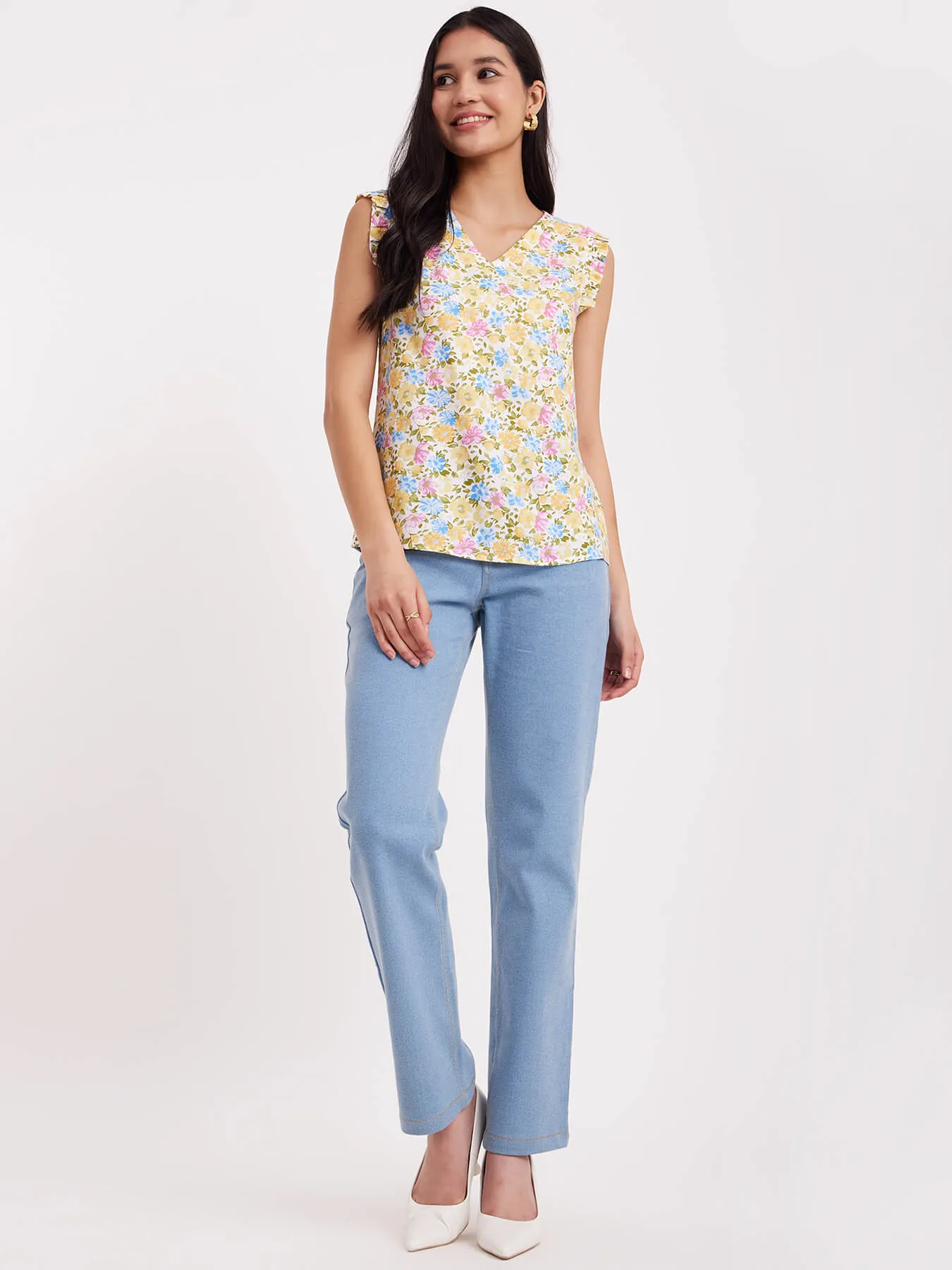 Floral Print Ruffle Top - Multicolour