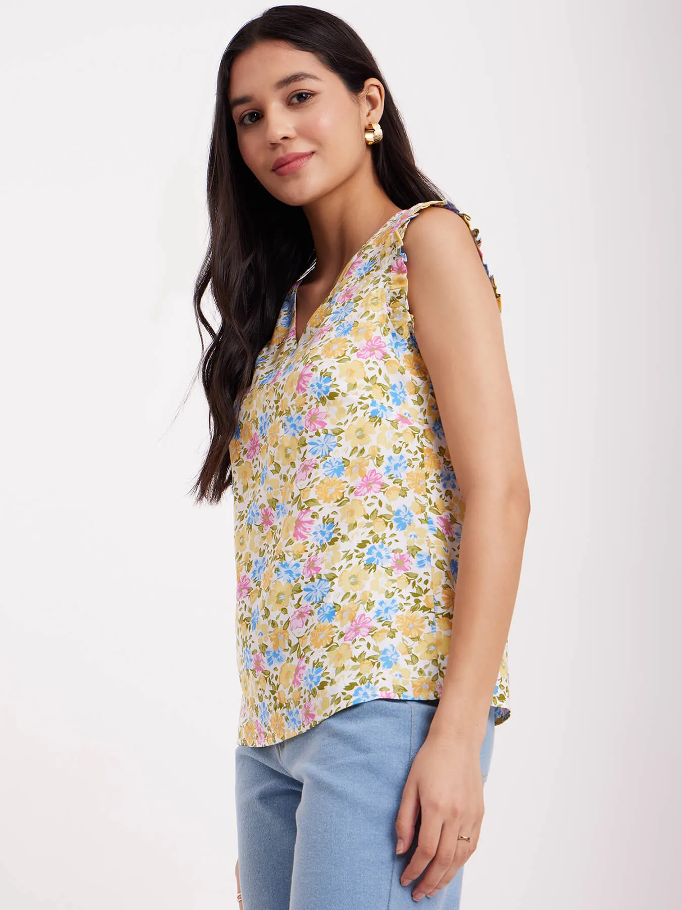 Floral Print Ruffle Top - Multicolour