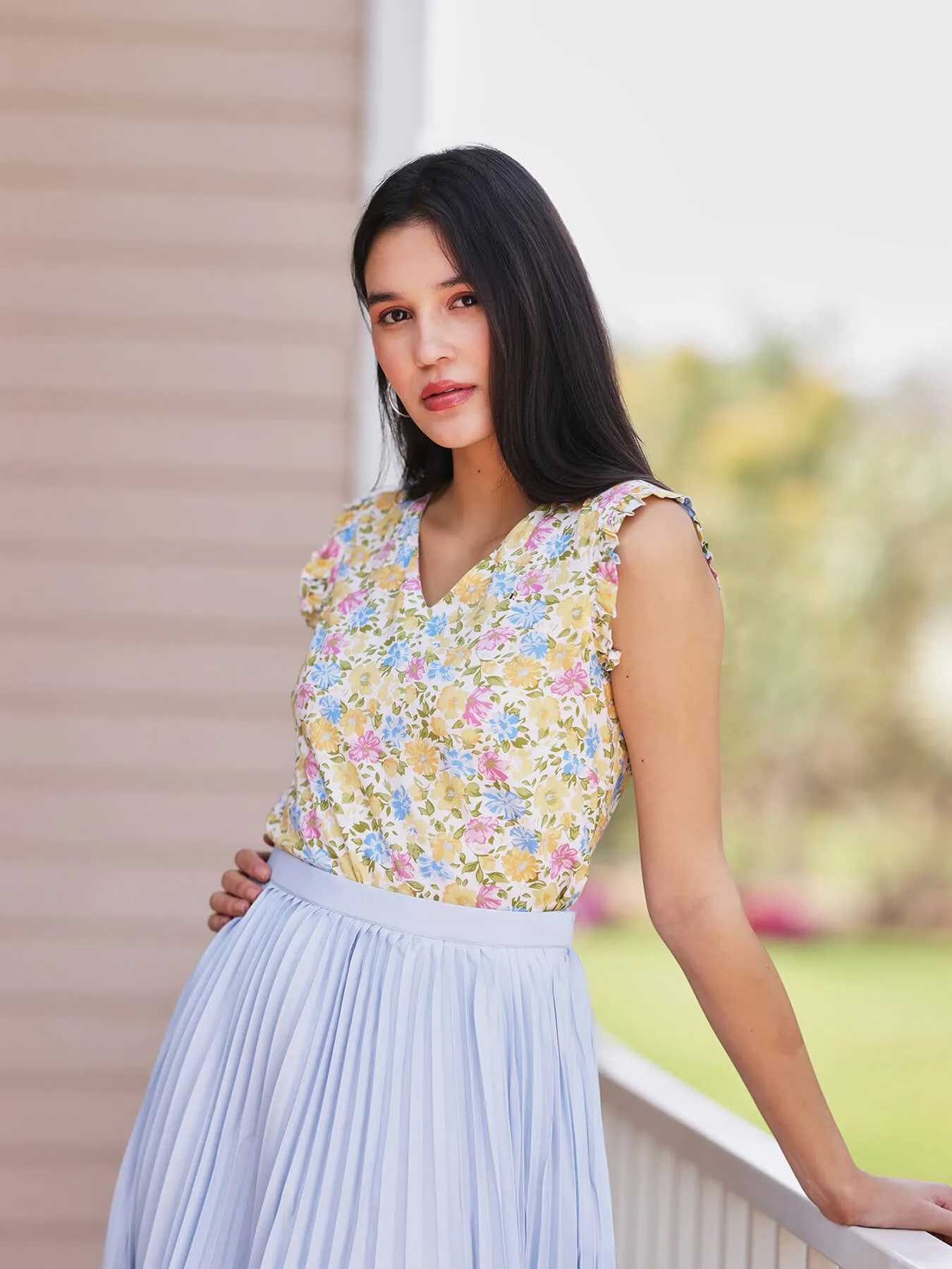 Floral Print Ruffle Top - Multicolour