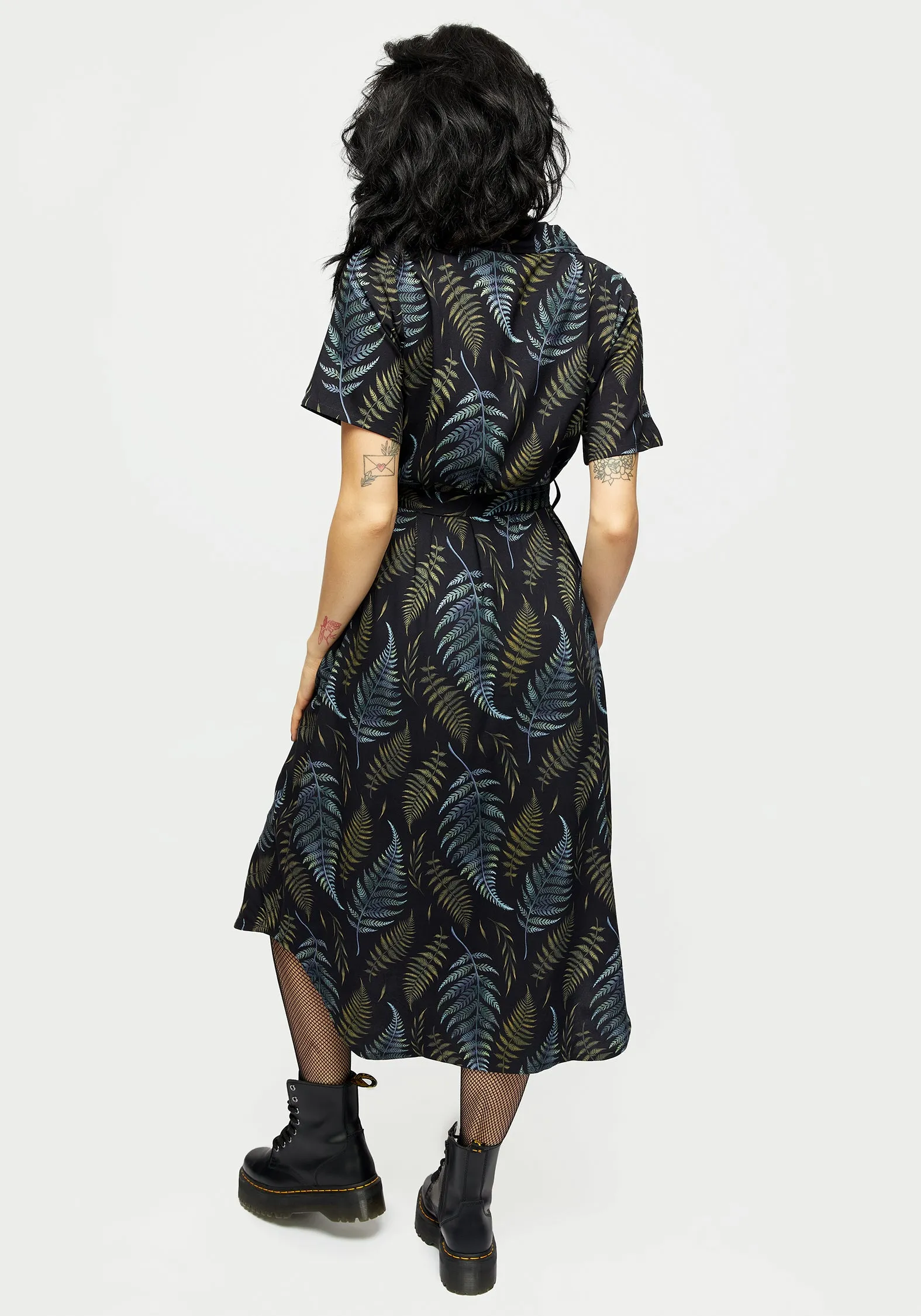 Frond Print Button Up Midi Shirt Dress