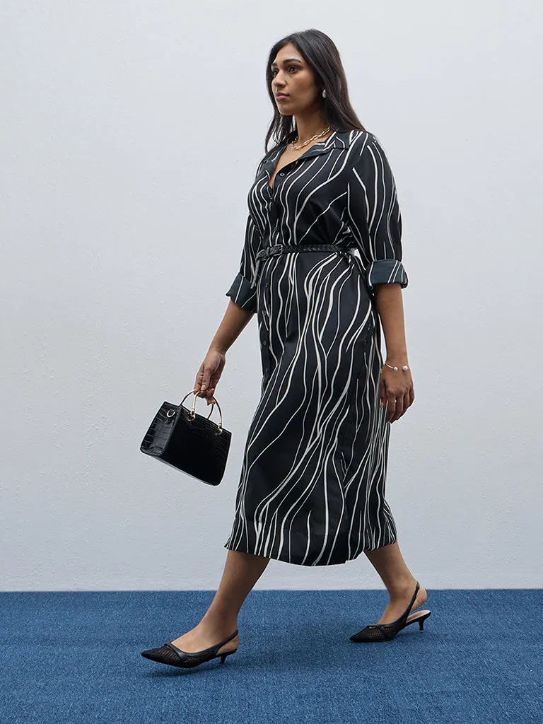 Gia Black Swirl Printed A-Line Shirt Dress