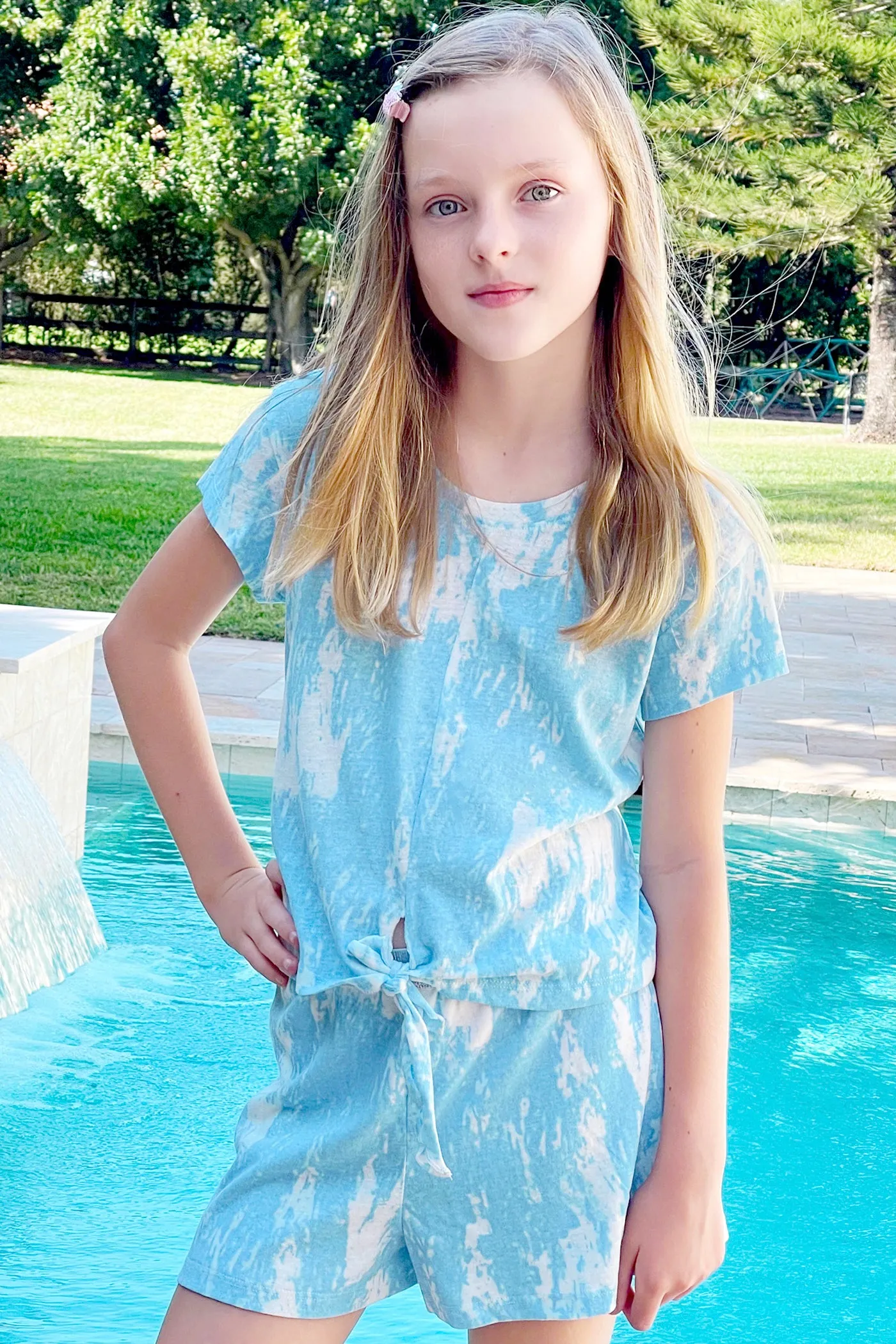 Girls Tie Front Short Sleeve Tie-Dye Top