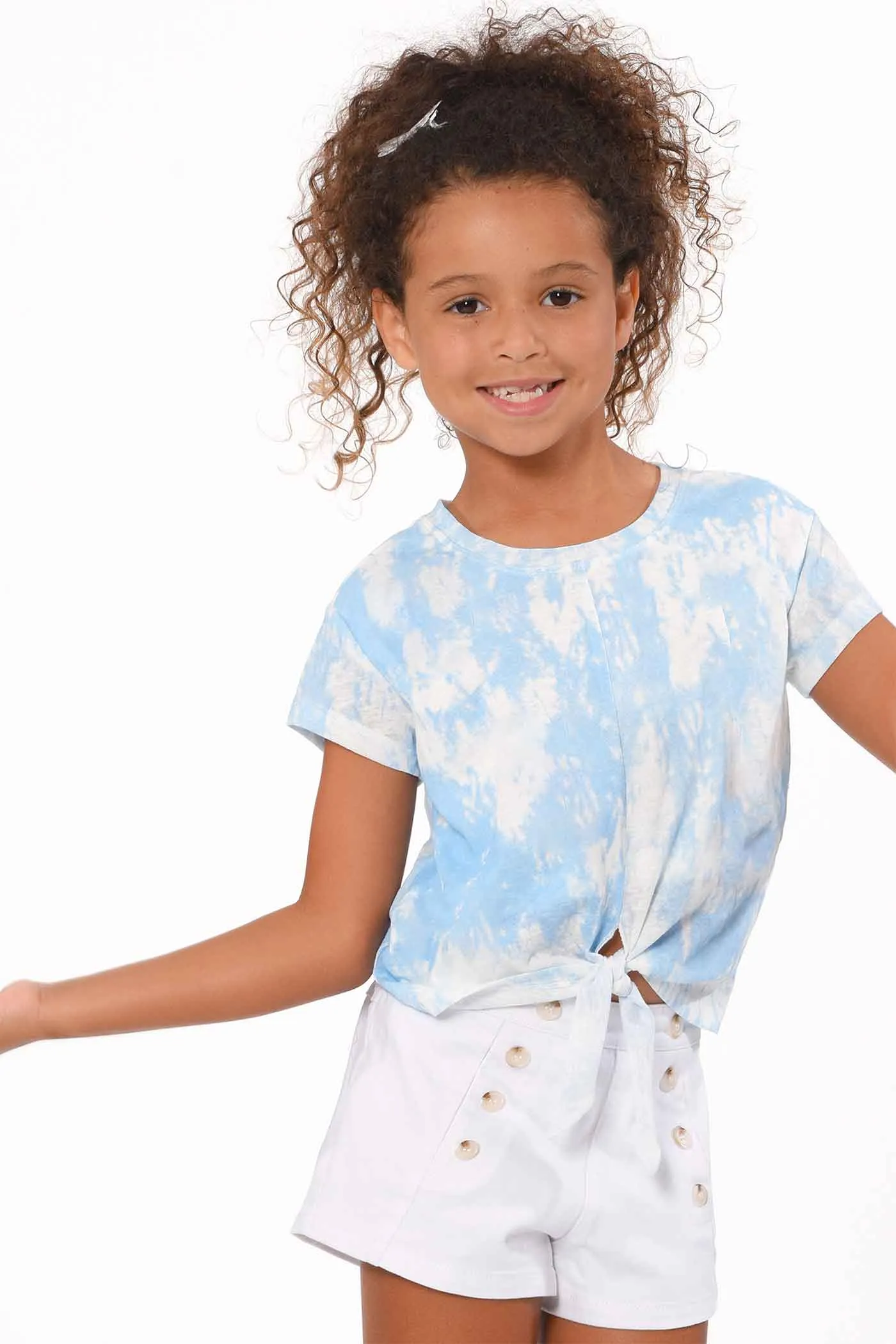 Girls Tie Front Short Sleeve Tie-Dye Top