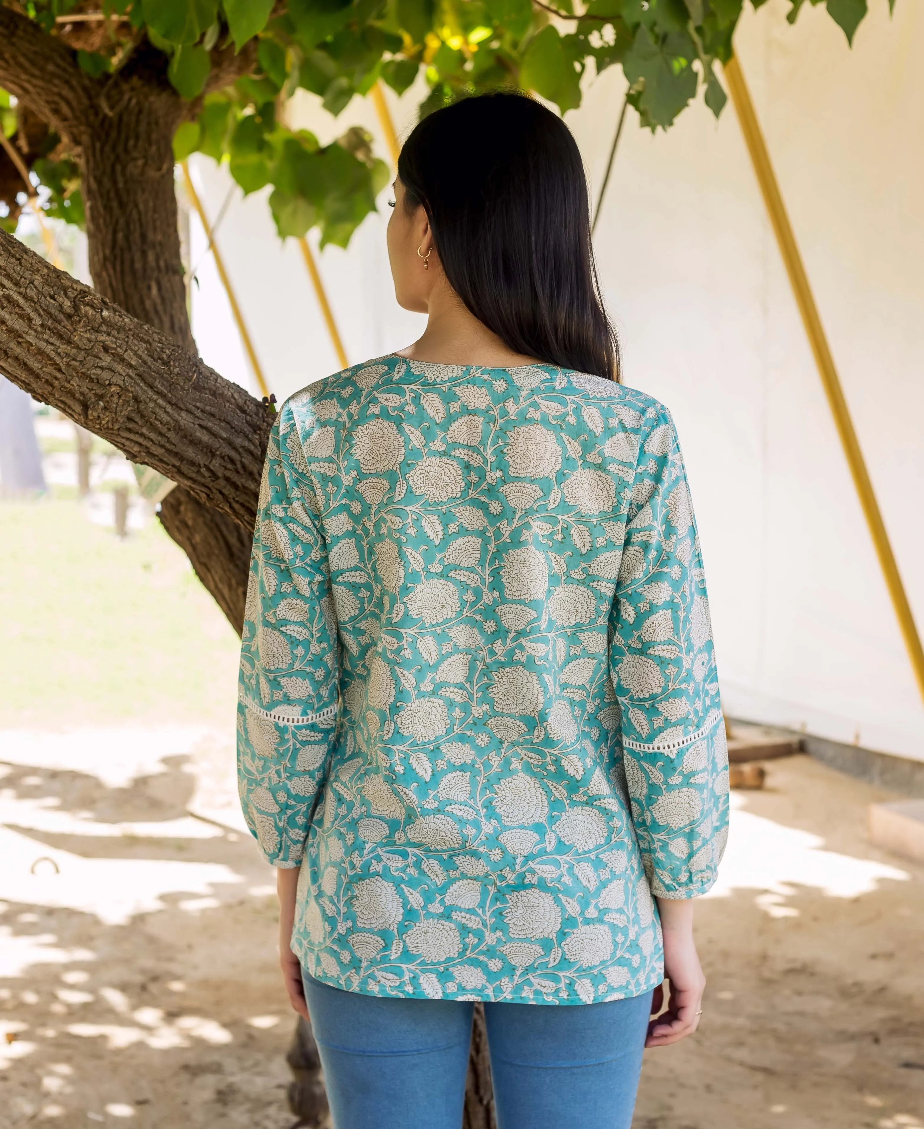 Hand Block Printed Button Down Top with Lace Detailing